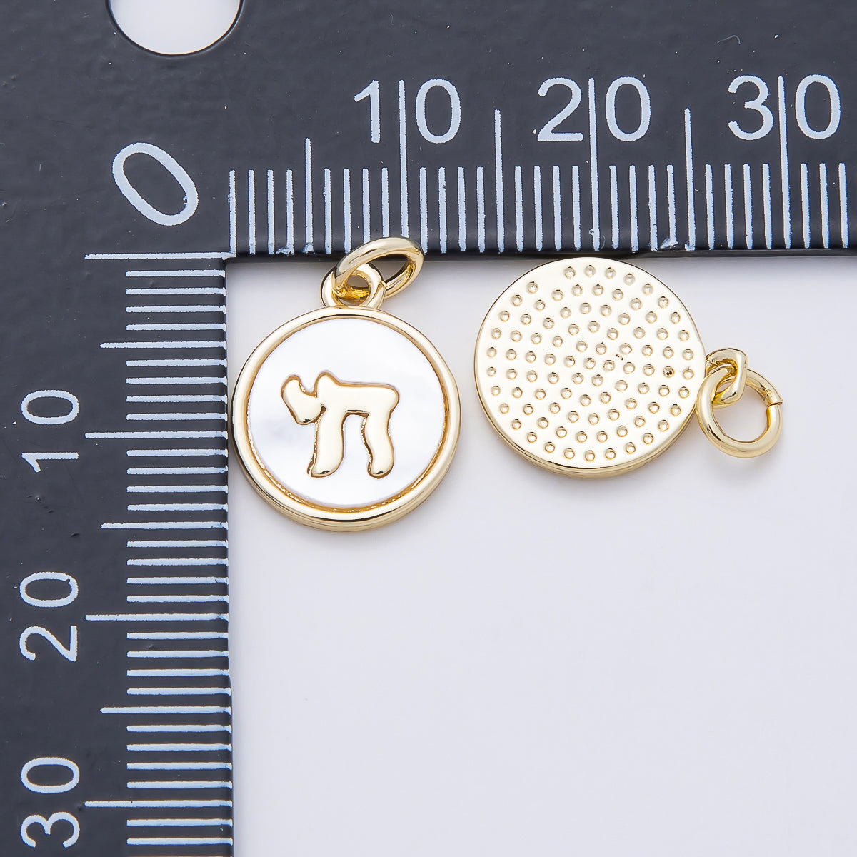 16K Gold Filled 15mm "Chai" Hebrew Shell Pearl Open Round Charm | Charms-01104