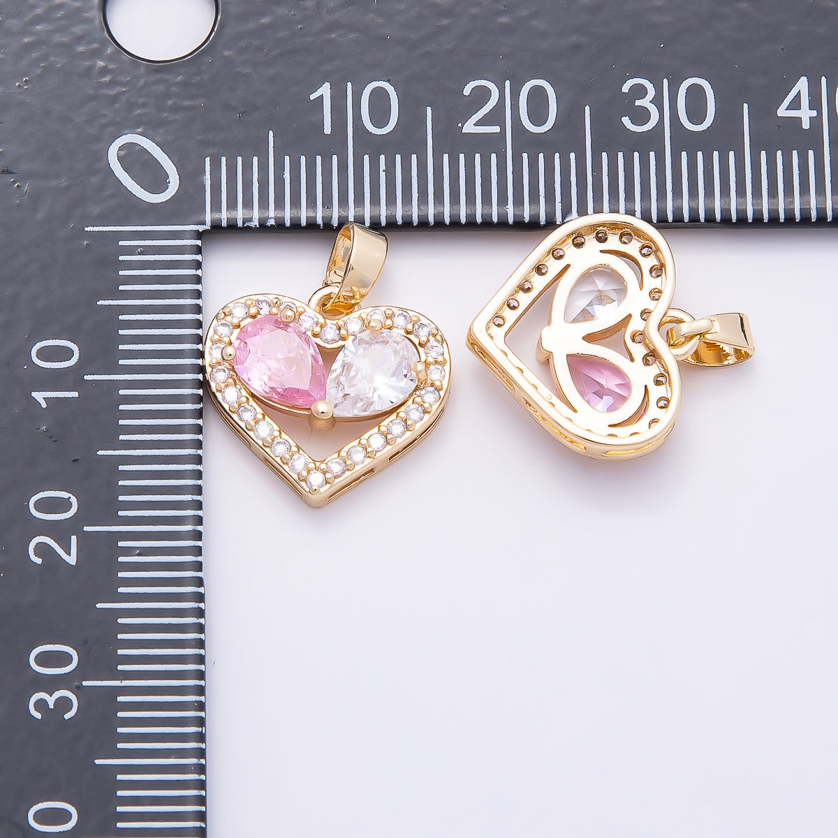 16K Gold Filled 15mm Pink Clear Micro Paved CZ Teardrop Open Heart Pendant | Charms-01043