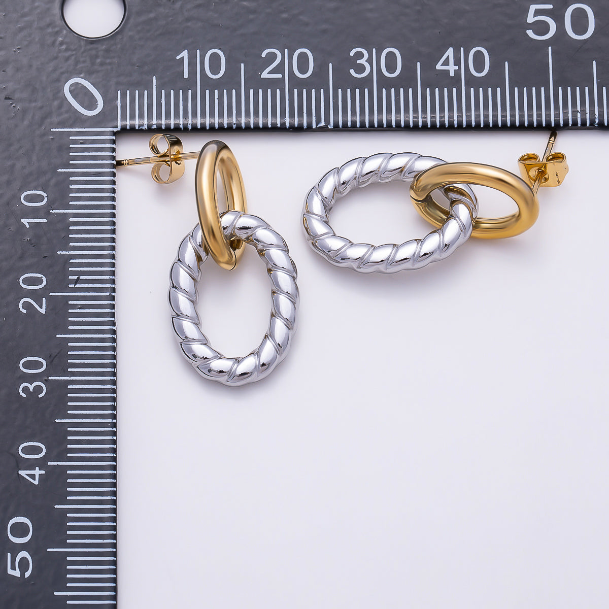 Stainless Steel 30mm Ribbed Lined Double Oval Link Drop Stud Earrings | Earrings-00713