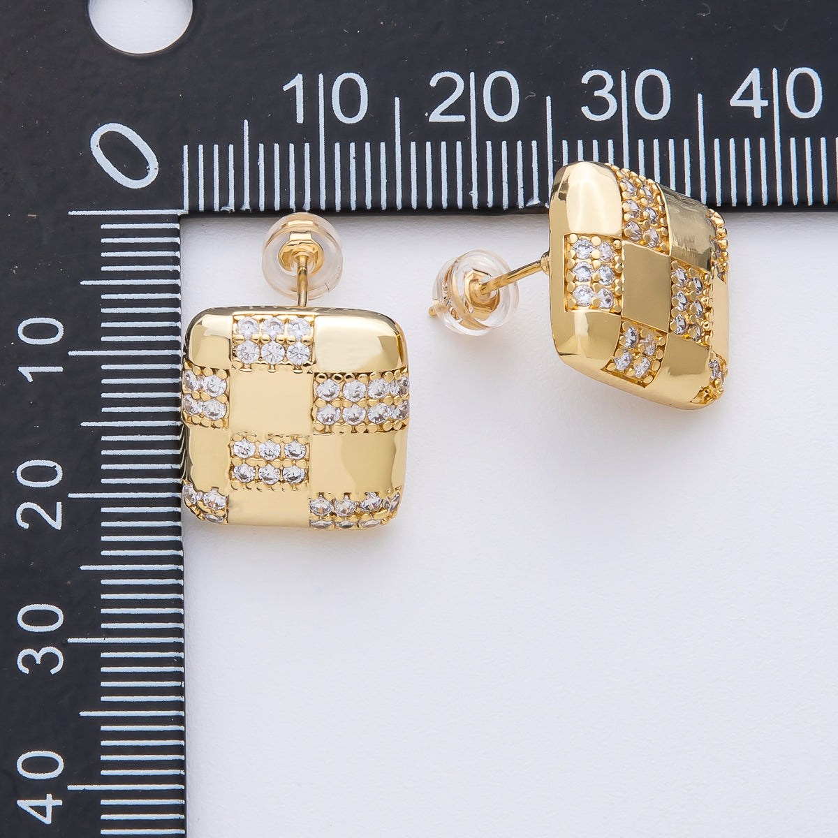 14K Gold Filled 15mm Micro Paved CZ Checkered Square Stud Earrings in Gold & Silver | Earr-00021 Earr-00022