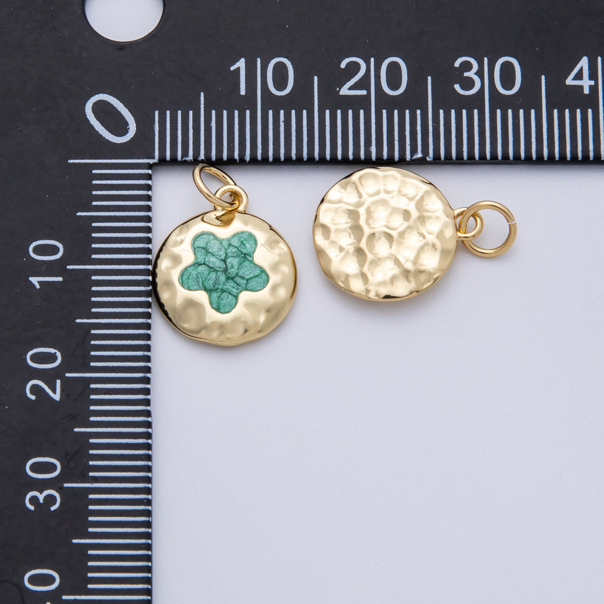 18K Gold Filled 15mm Green Flower Hammered Round Charm | Charms-00141