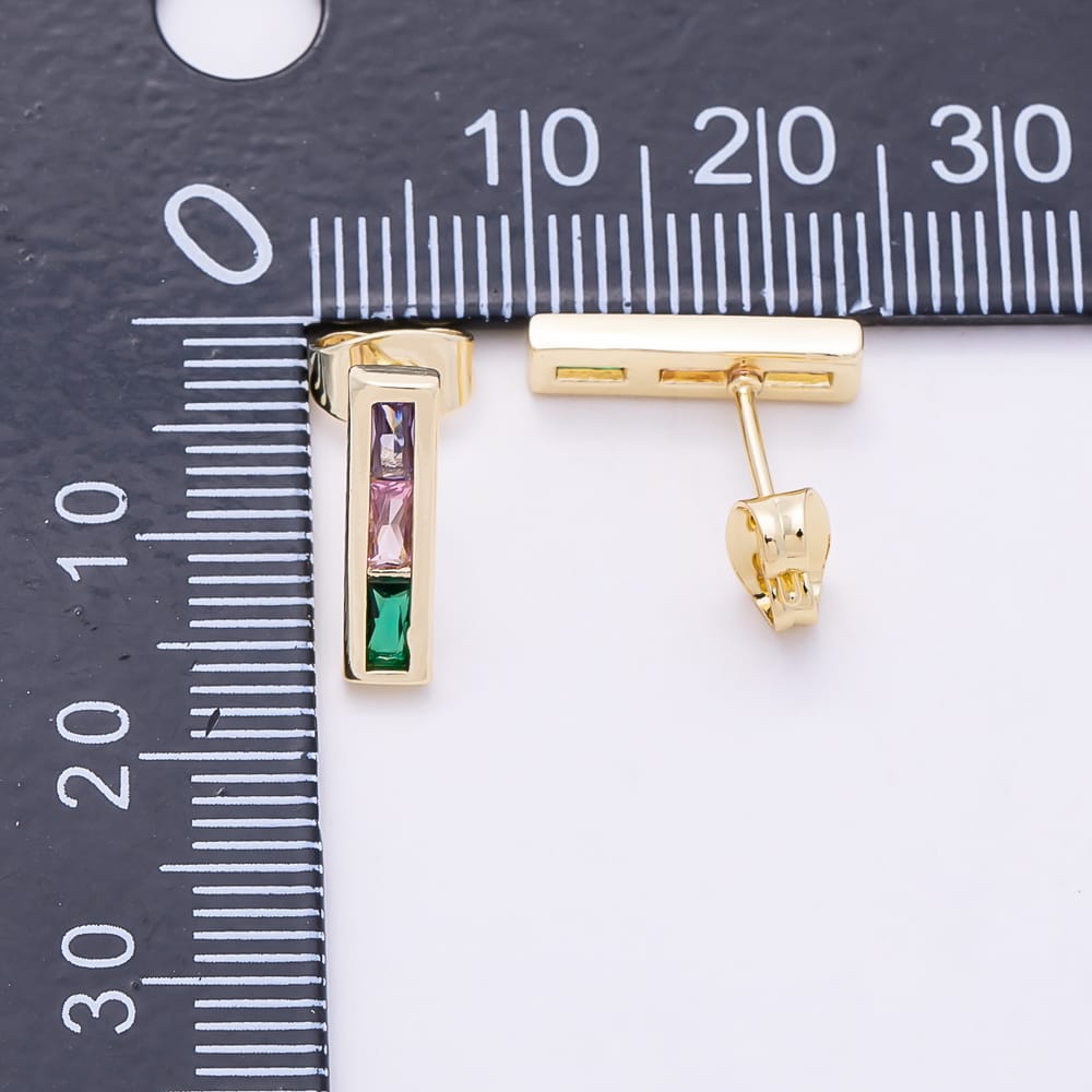 16K Gold Filled 13mm Vertical Bar Multi-Color Baguette CZ Stud Earrings | Earrings-00932 - Earrings-00933