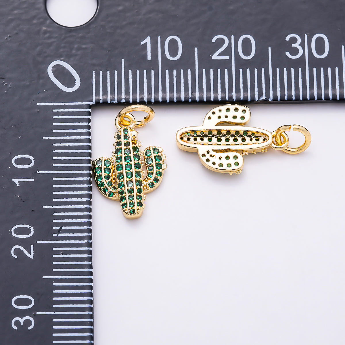 16K Gold Filled 15mm Green Micro Paved CZ 3D Cactus Plant Floral Charm | Charms-01883