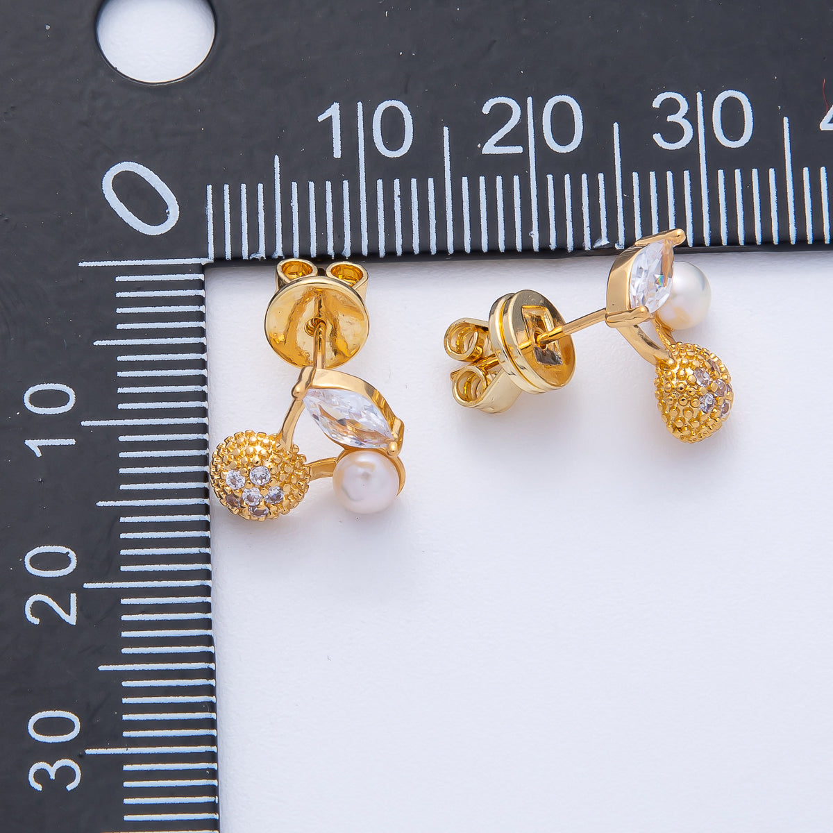 18K Gold Filled 15mm Micro Paved CZ Shell Pearl Cherry Fruit Stud Earrings | A1677