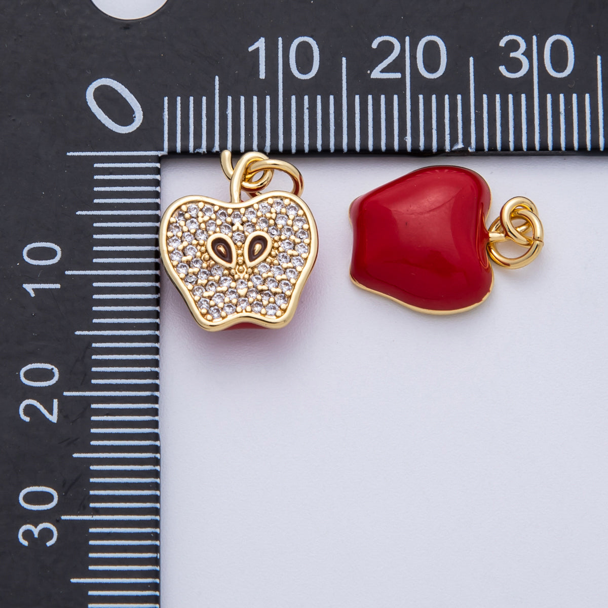 16K Gold Filled 15mm Red Enamel Micro Paved CZ Apple Slice Fruit Charm | Charms-00170