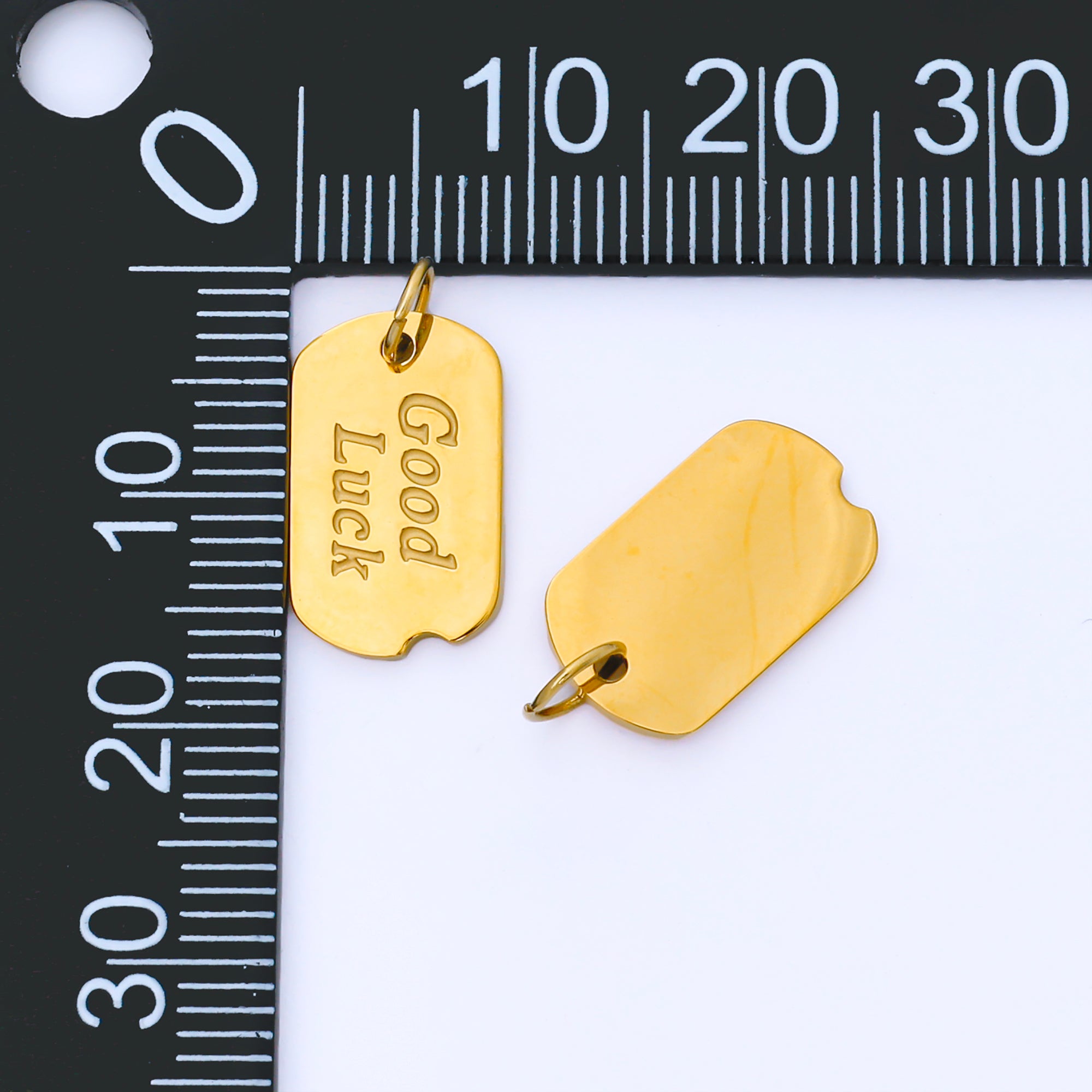 PVD Gold Stainless Steel 10mm Military Tag Good Luck Charm Words Pendant | J547