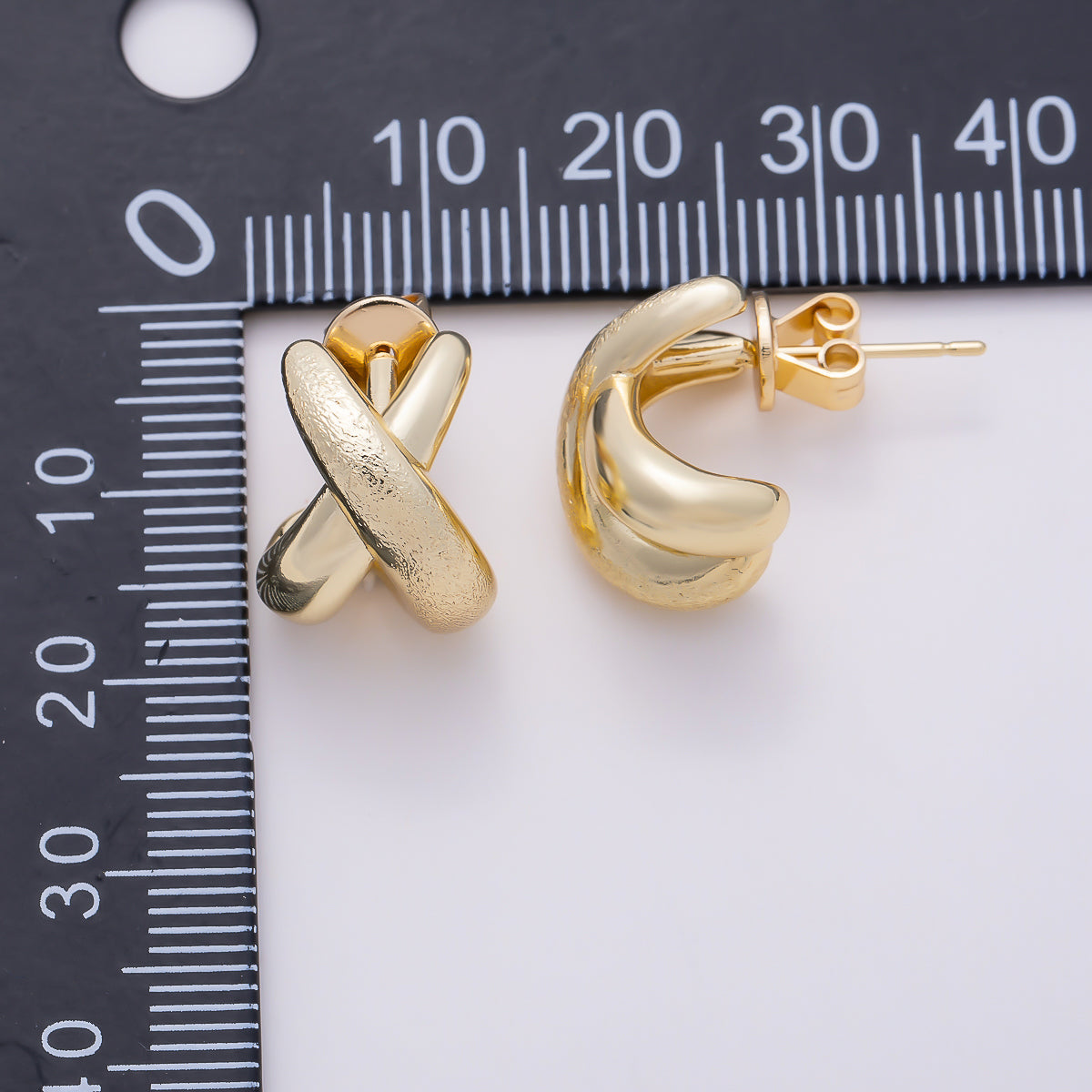 16K Gold Filled 15mm X Claw Double Band Textured C-Shaped Hoop | Earrings-00786
