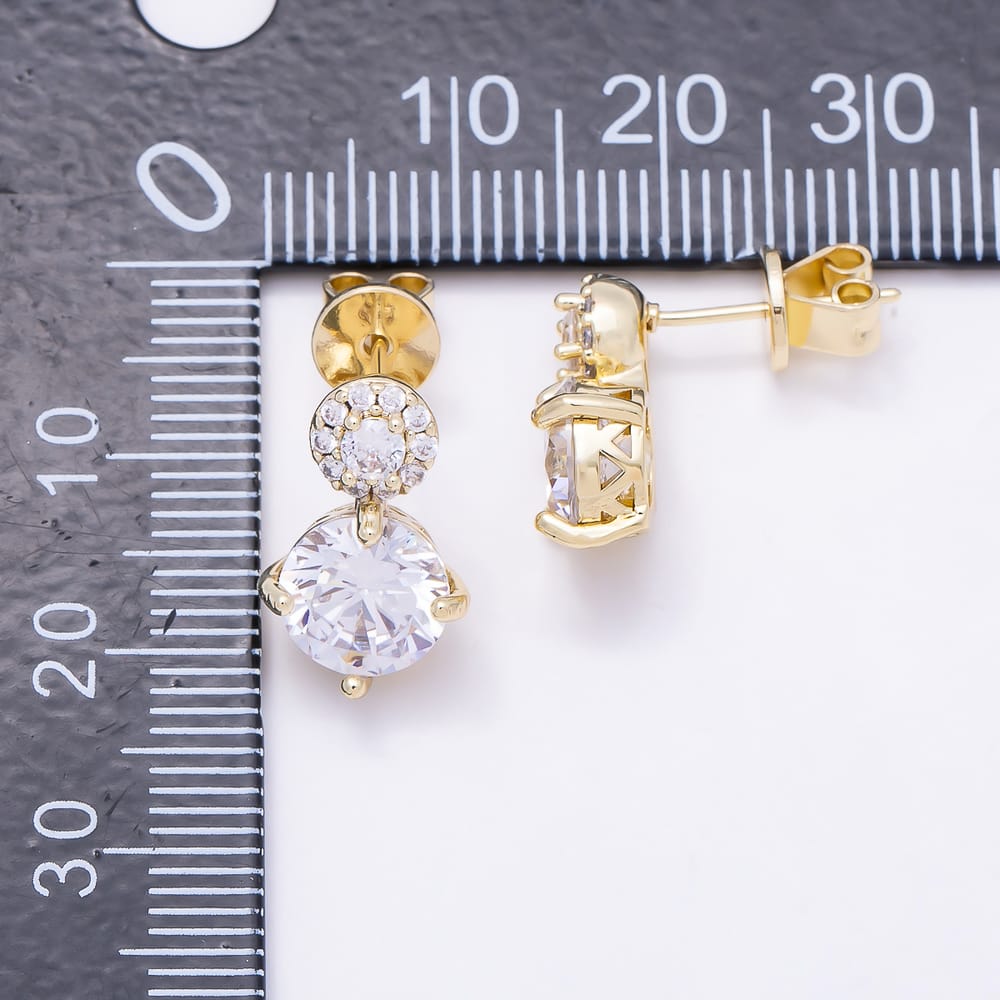 16K Gold Filled 18mm Clear Round Micro Paved CZ Double Drop Stud Earrings in Gold & Silver | Earrings-01064 Earrings-01065