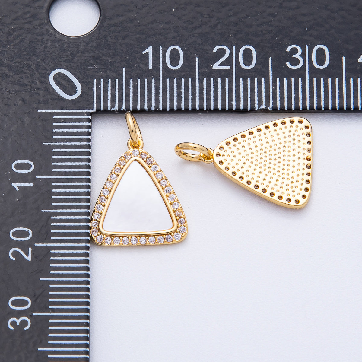 18K Gold Filled 15.5mm Shell Pearl Micro Paved CZ Triangle Charm | AK046