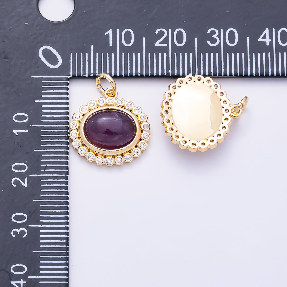 16K Gold Filled 15mm Clear CZ Amethyst Cabochon Gemstone Oval Bezel Charm | Charms-02024