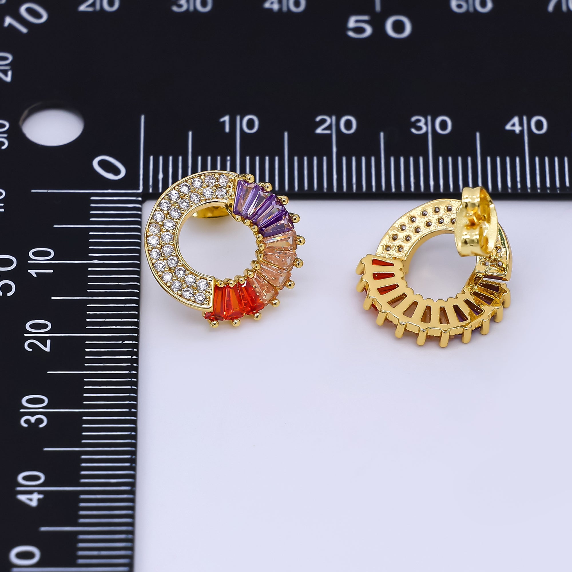24K Gold Filled 16mm Multicolor Baguette Micro Paved CZ Circle Round Stud Earrings | AI479