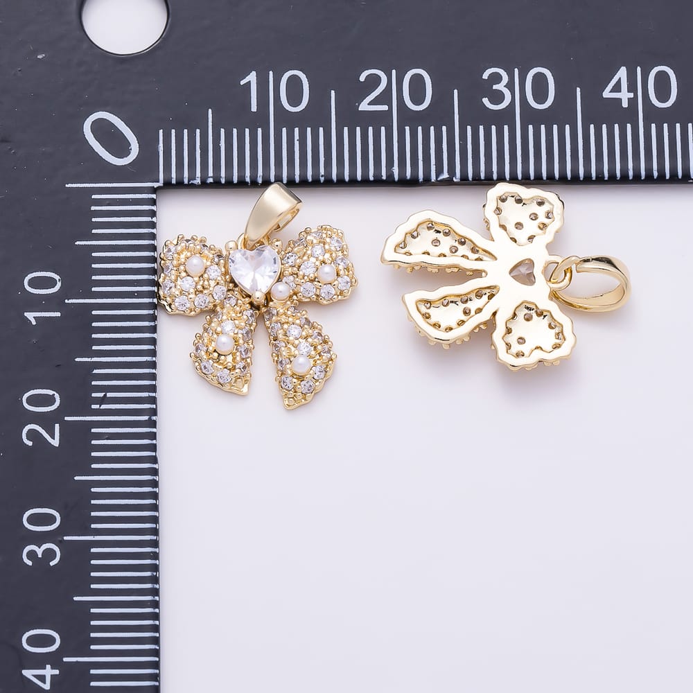 16K Gold Filled 16mm Clear CZ Micro Paved Shell Pearl Heart Ribbon Bow Pendant | Charms-02179