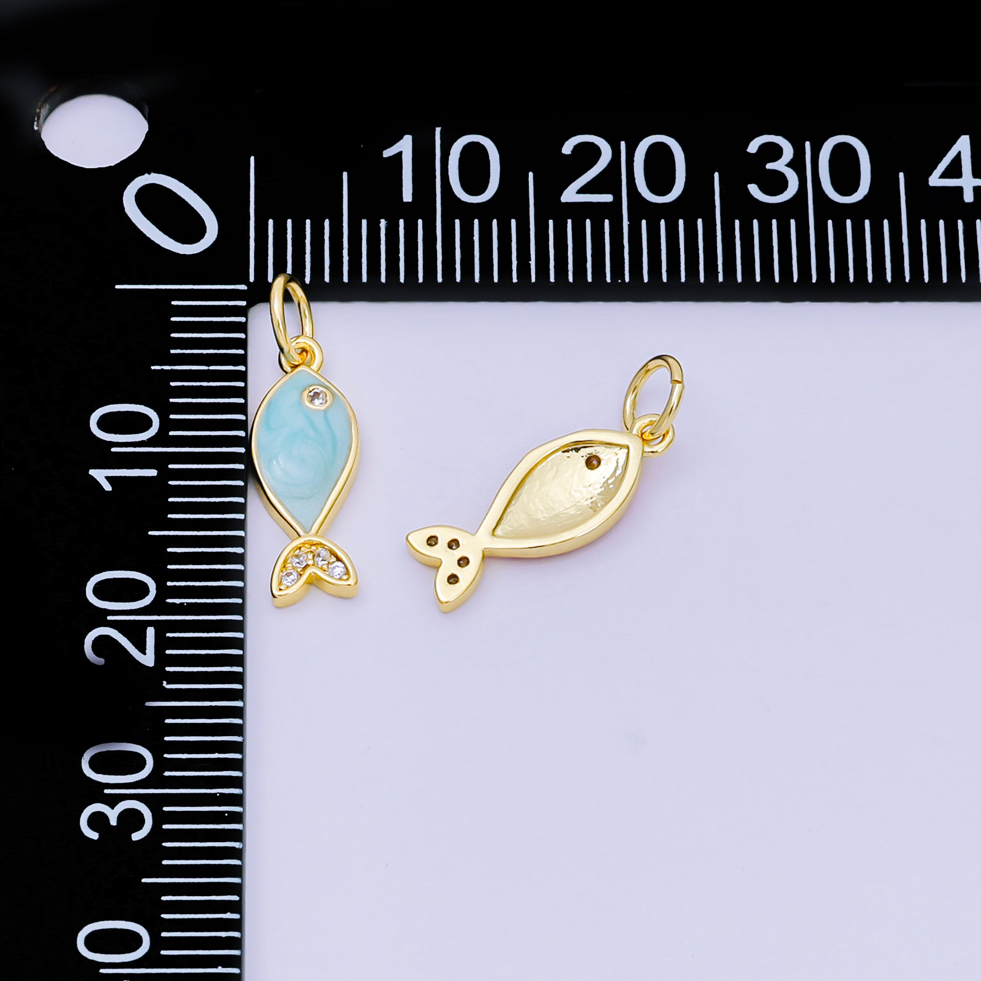 24K Gold Filled 16mm Blue, Red Enamel Micro Paved Fish Charm | AJ-550
