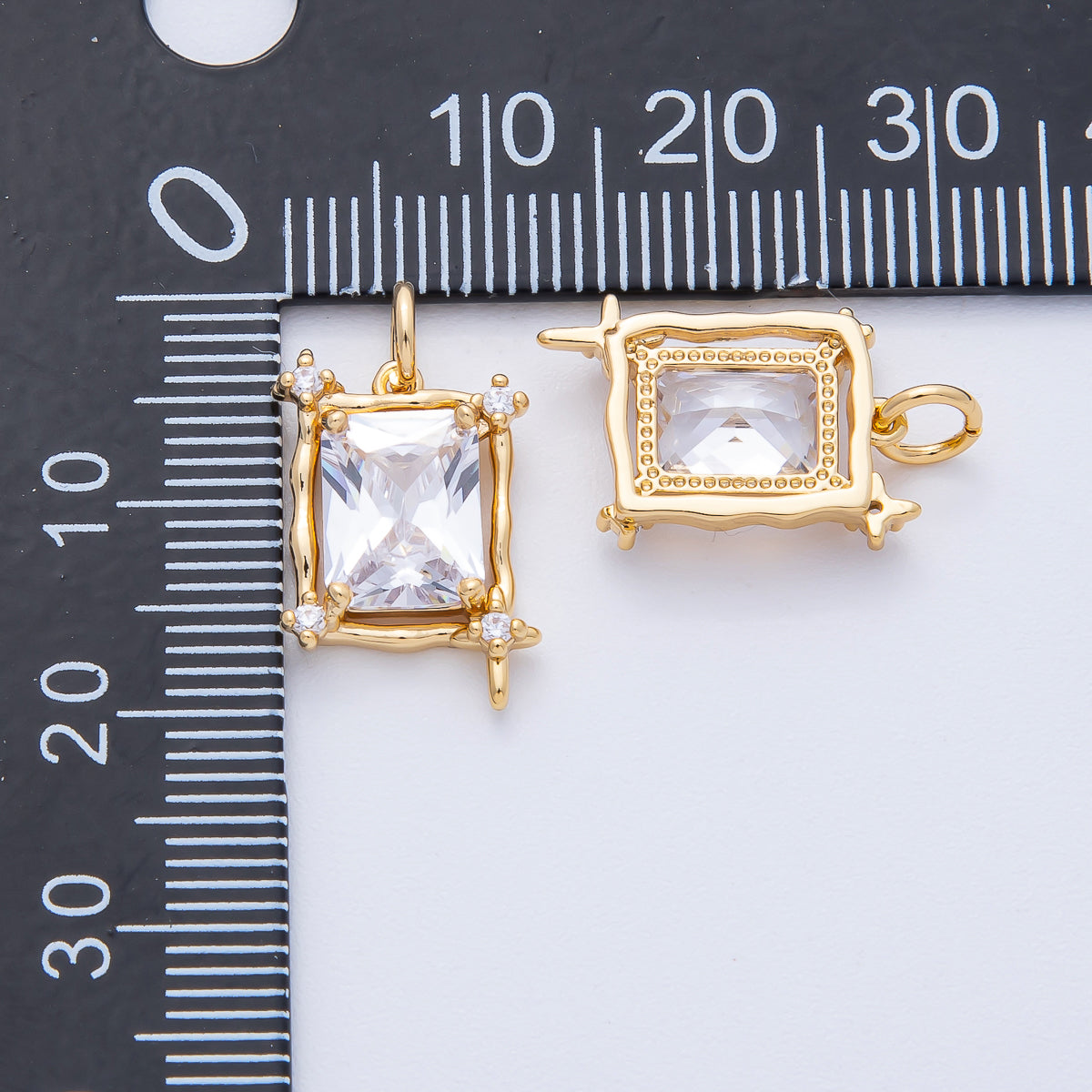 18K Gold Filled 16mm Clear CZ Baguette Molten Rectangular Bezel Charm | AK202