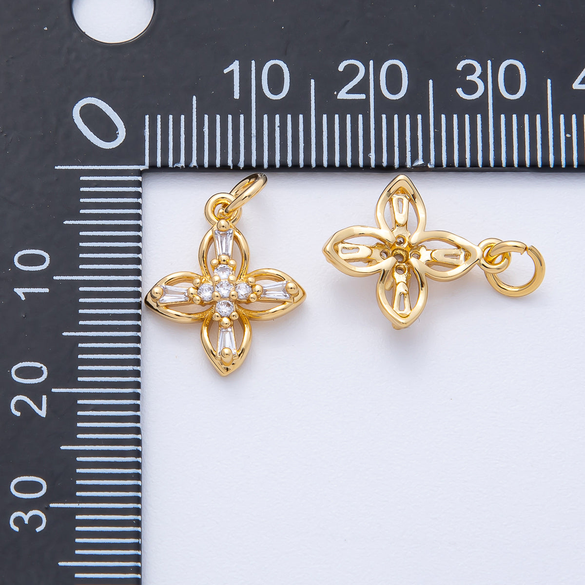 18K Gold Filled 16mm Clear Baguette Micro Paved CZ Clover Flower Open Charm | AK176