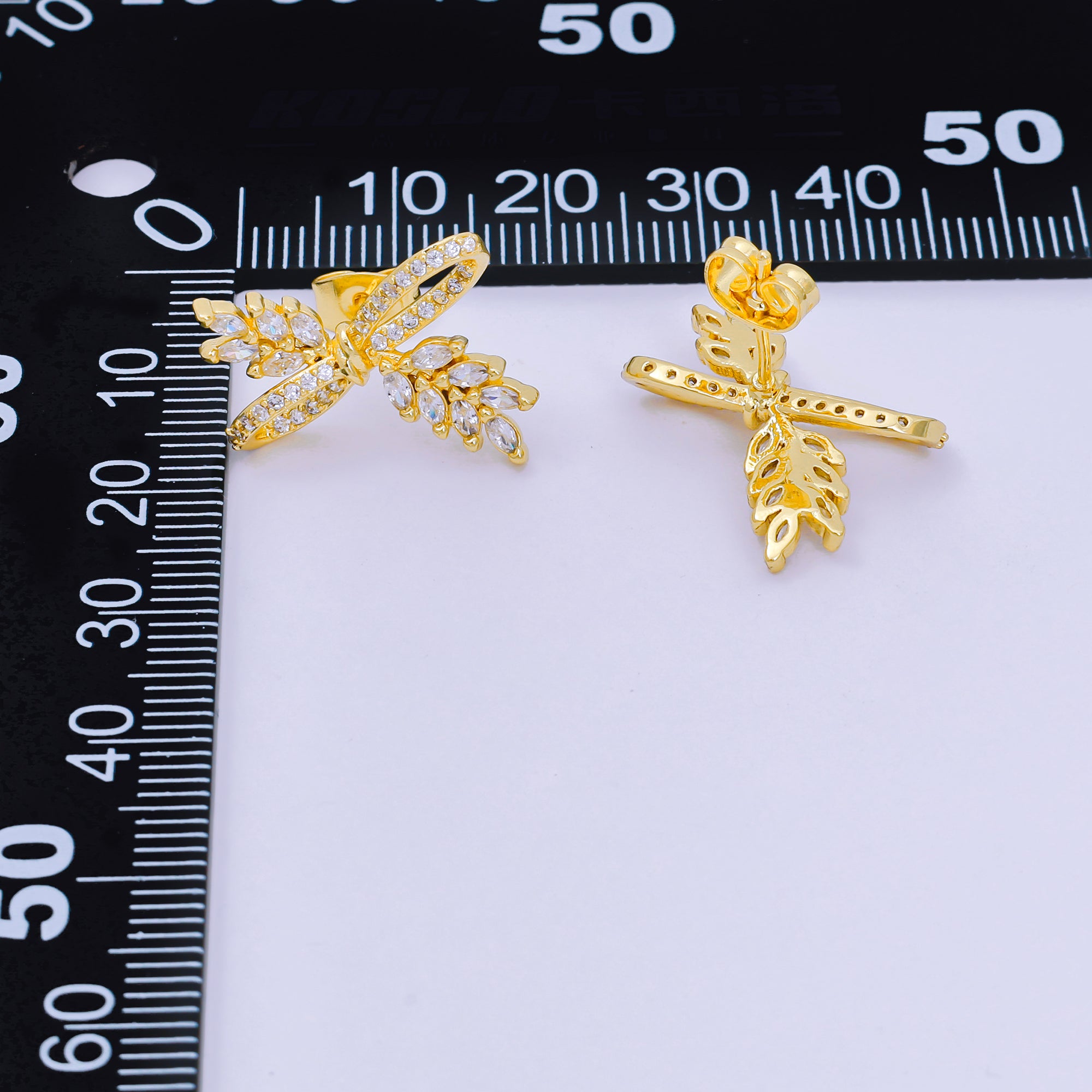 24K Gold Filled Clear Marquise Micro Paved CZ Ribbon Knot Leaf Stud Earrings | AJ104