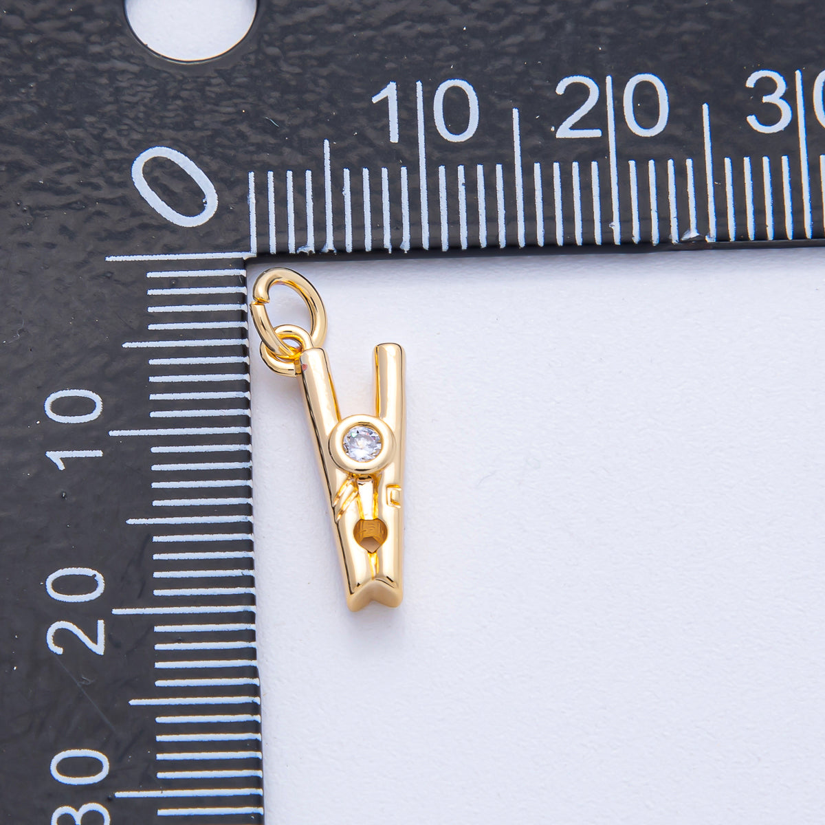 18K Gold Filled 16mm Clear CZ Clothespin Mini 3D Multidimensional Charm | AK012