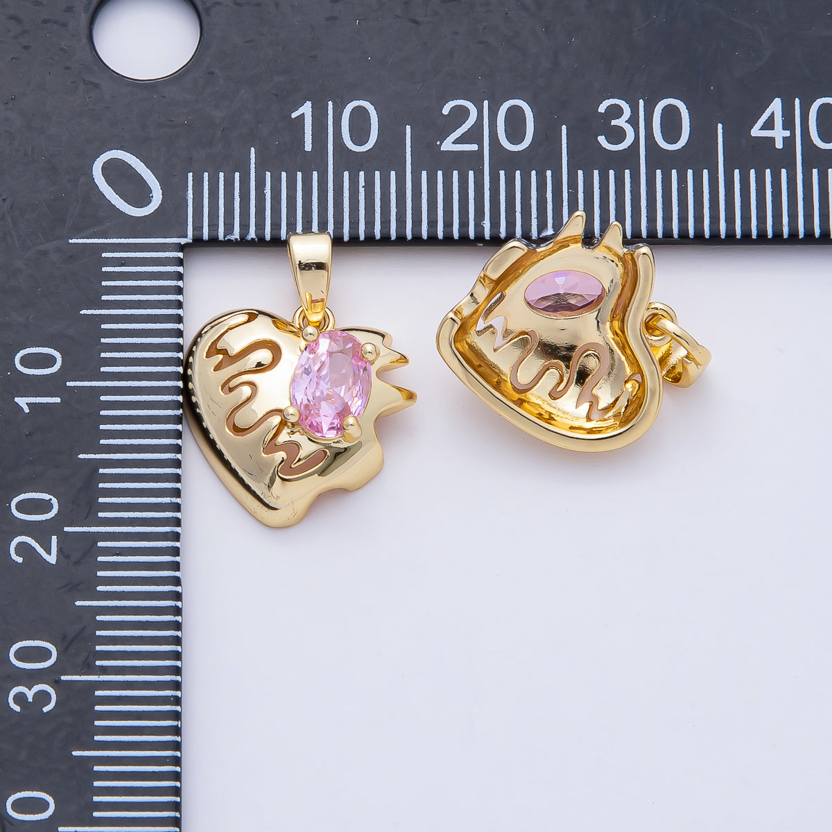 18K Gold Filled 15mm Pulse Heartbeat with Pink Oval CZ Heart Pendant Charm | AF1178