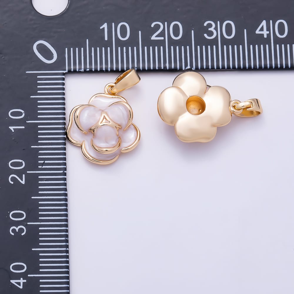 16K Gold Filled 16mm Off White Enamel Double Tiered Petal Rose Flower Pendant | Charms-02320