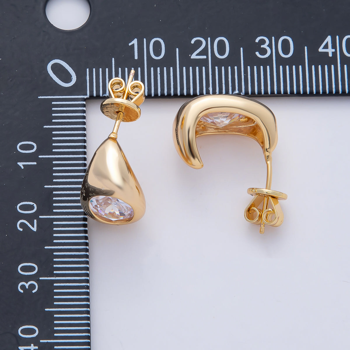 18K Gold Filled 16mm Clear CZ Oval Dome J-Shaped Hoop Earrings | AD1662