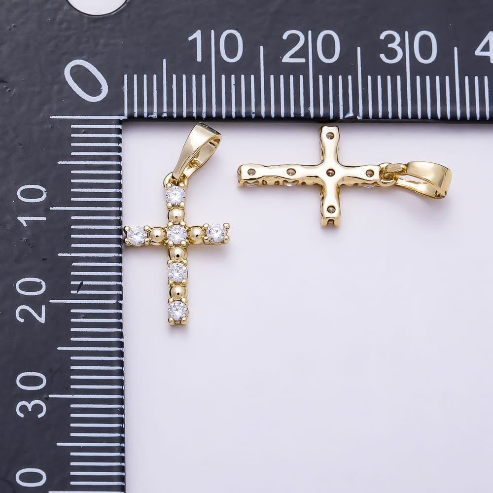 14K Gold Filled 16mm Clear CZ Round Bead Religious Cross Pendant | Charms-02186