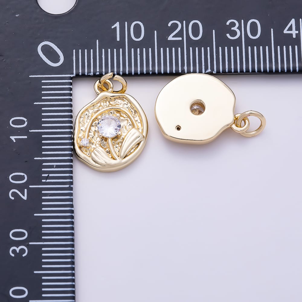 16K Gold Filled 16mm Clear CZ Irregular Hammered Coin Flower Charm | Charms-02133