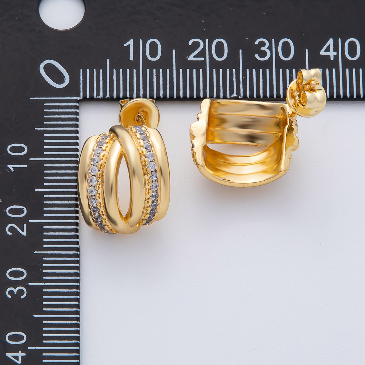 18K Gold Filled 15mm Micro Paved Double Band C-Shaped Hoop Earrings | AD1609