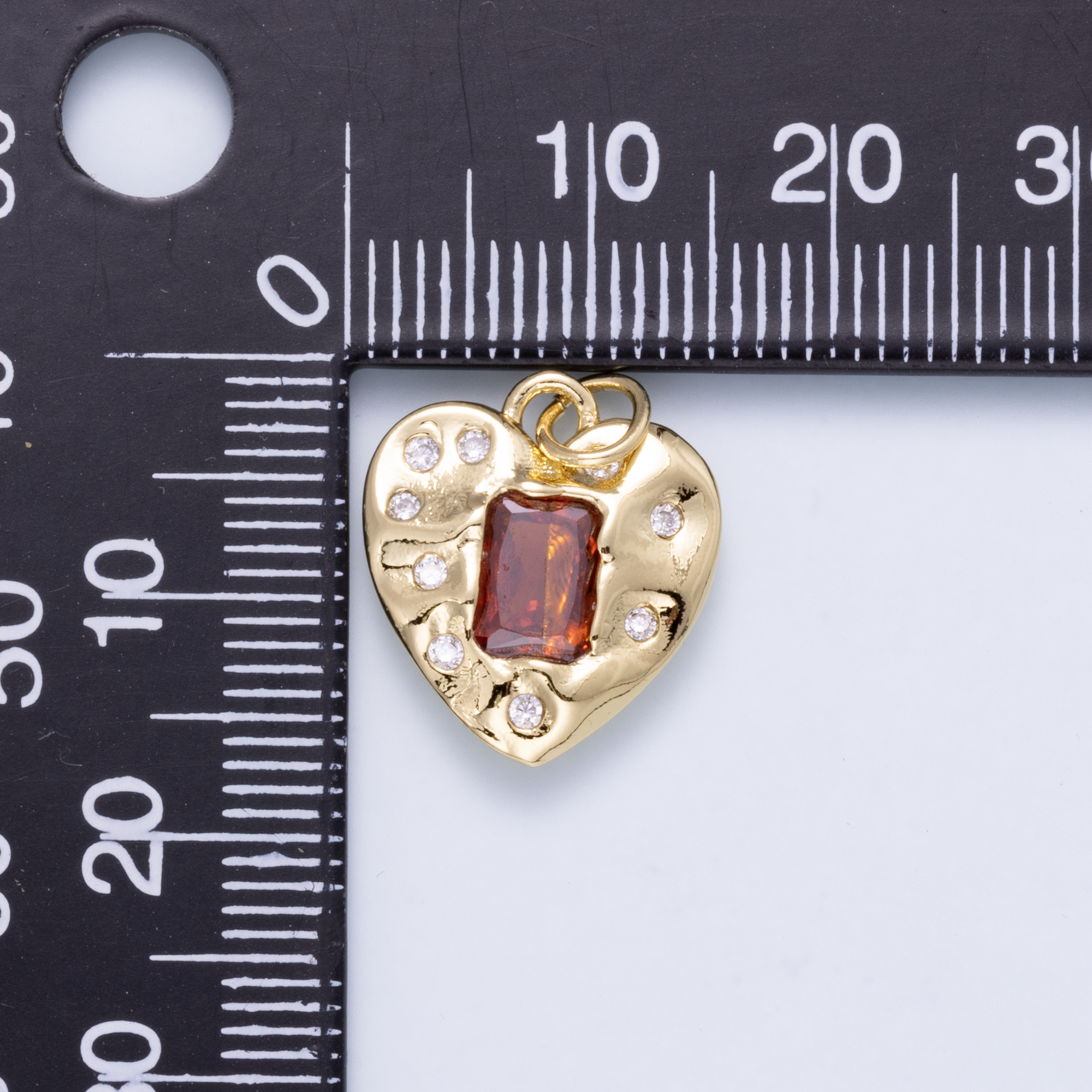 16K Gold Filled 16.5mm Red Baguette CZ Dotted Hammered Heart Charm | Charms-01268