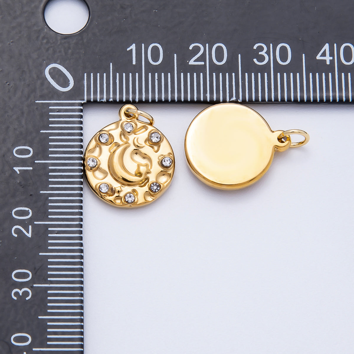 PVD Stainless Steel 16mm Clear CZ Celestial Crescent Moon Round Charm | Charms-00710