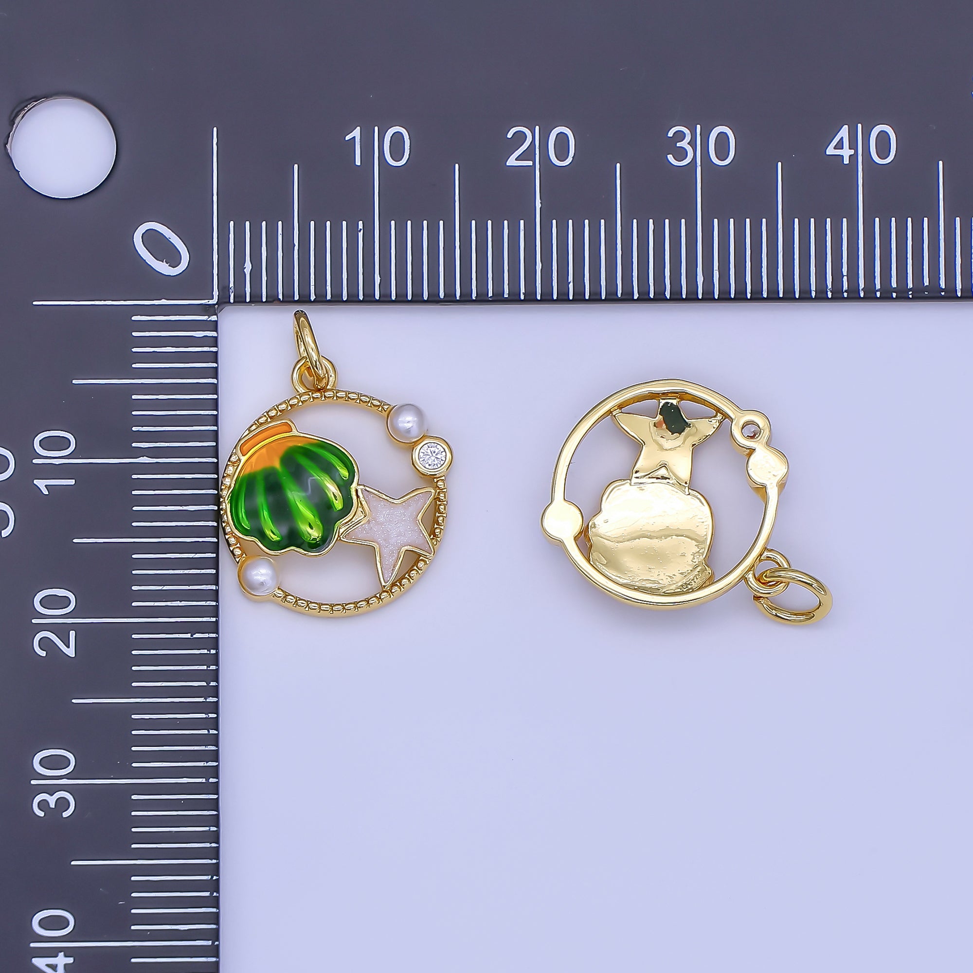 24K Gold Filled Orange, Teal, Blue, Green Sea Clam Shell Starfish Open Round Charm | AF508 AF509