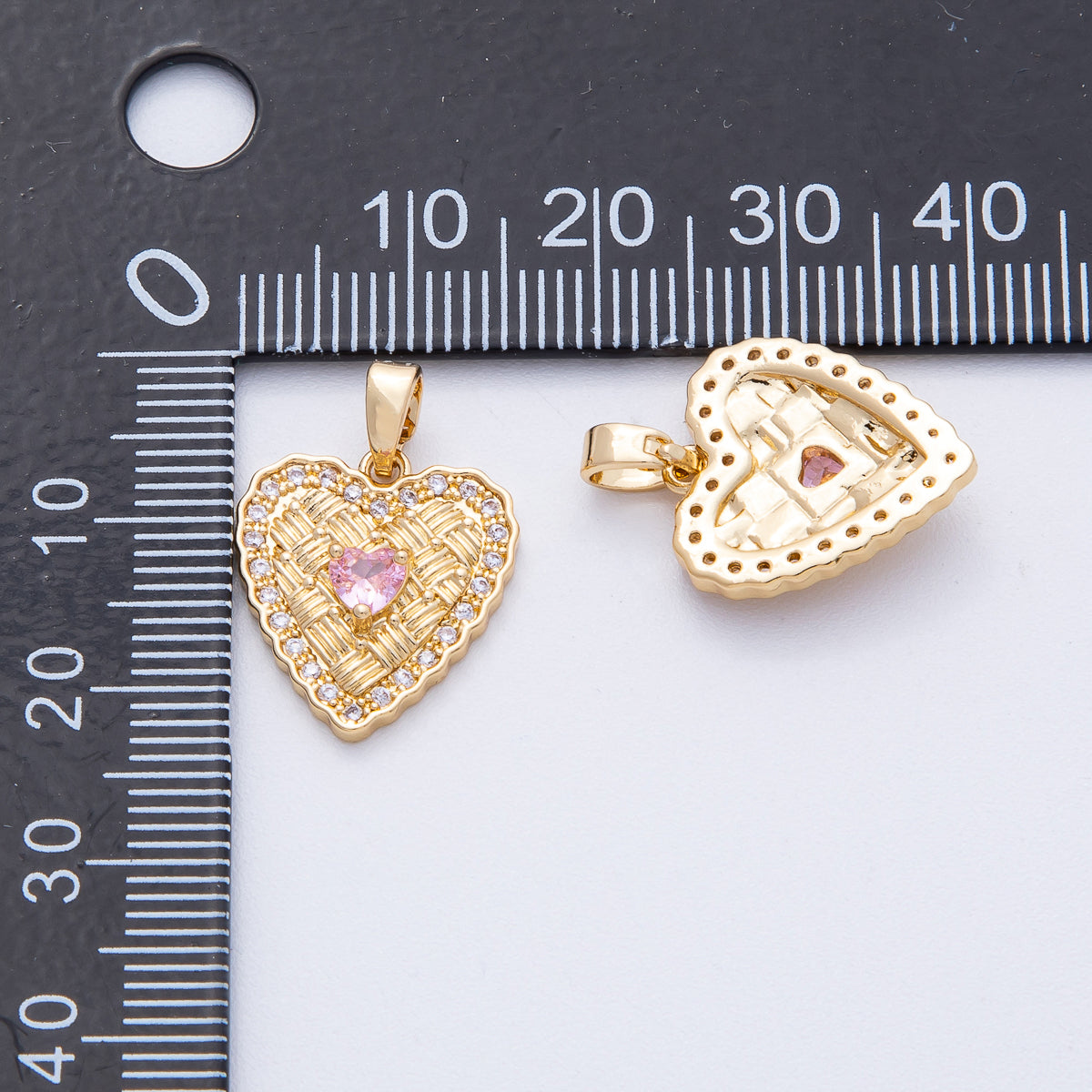 18K Gold Filled 16.5mm Pink CZ Woven Micro Paved CZ Heart Pendant | AF1236
