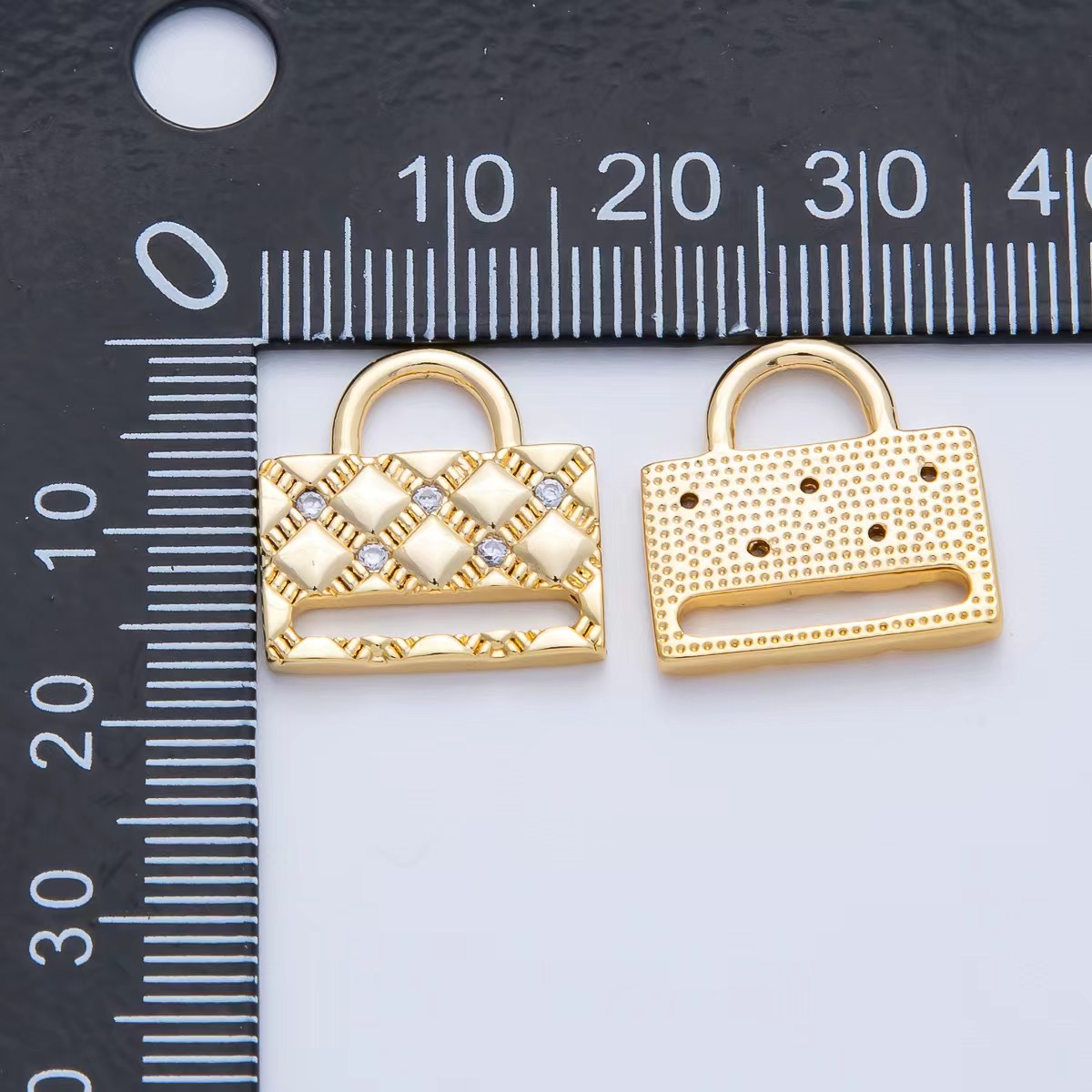 18K Gold Filled 16.6mm Quilted CZ Top Handle Handbag Charm | AK203