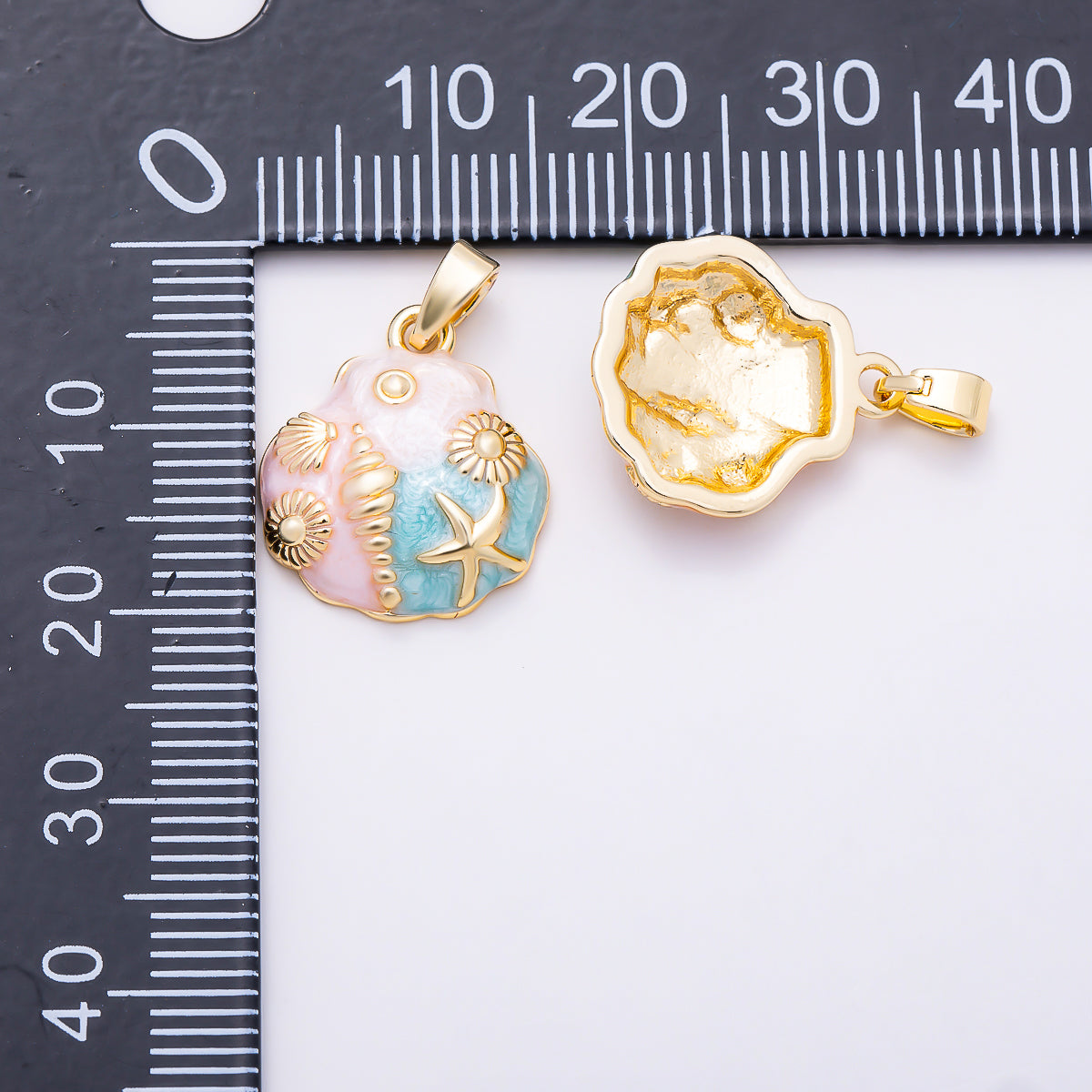 16K Gold Filled 17mm Pink, Blue Mother of Pearl Seashell & Starfish Ocean Beach Pendant | Charms-01892