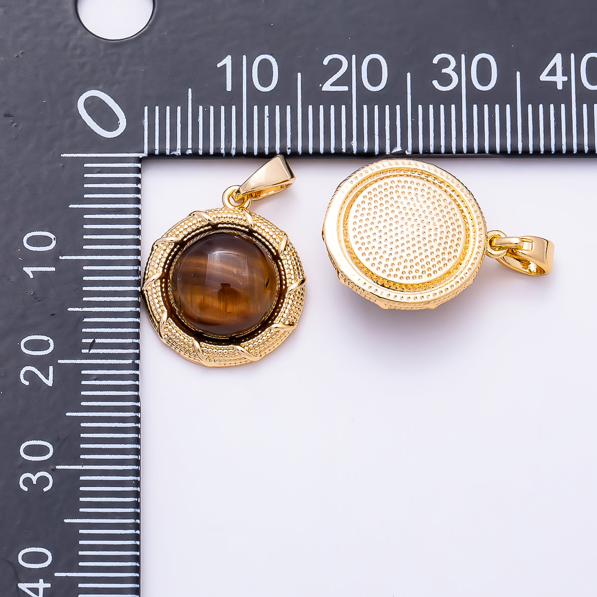 16K Gold Filled 17mm Tiger Eye Cabochon Dotted Lined Bezel Round Pendant | Charms-01499