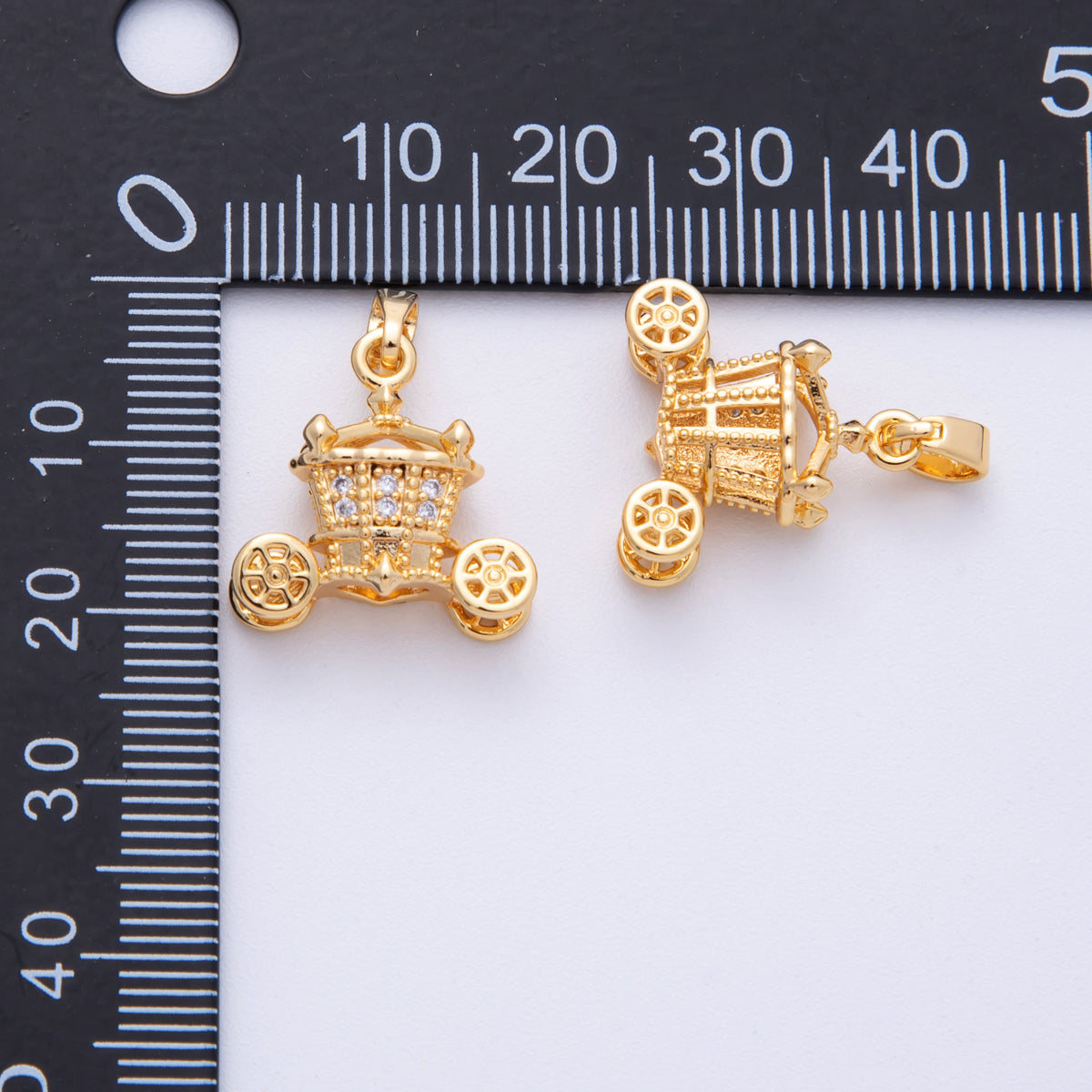 18K Gold Filled 17mm Micro Paved CZ Fairytale Carriage 3D Multidimensional Pendant | Charms-00110