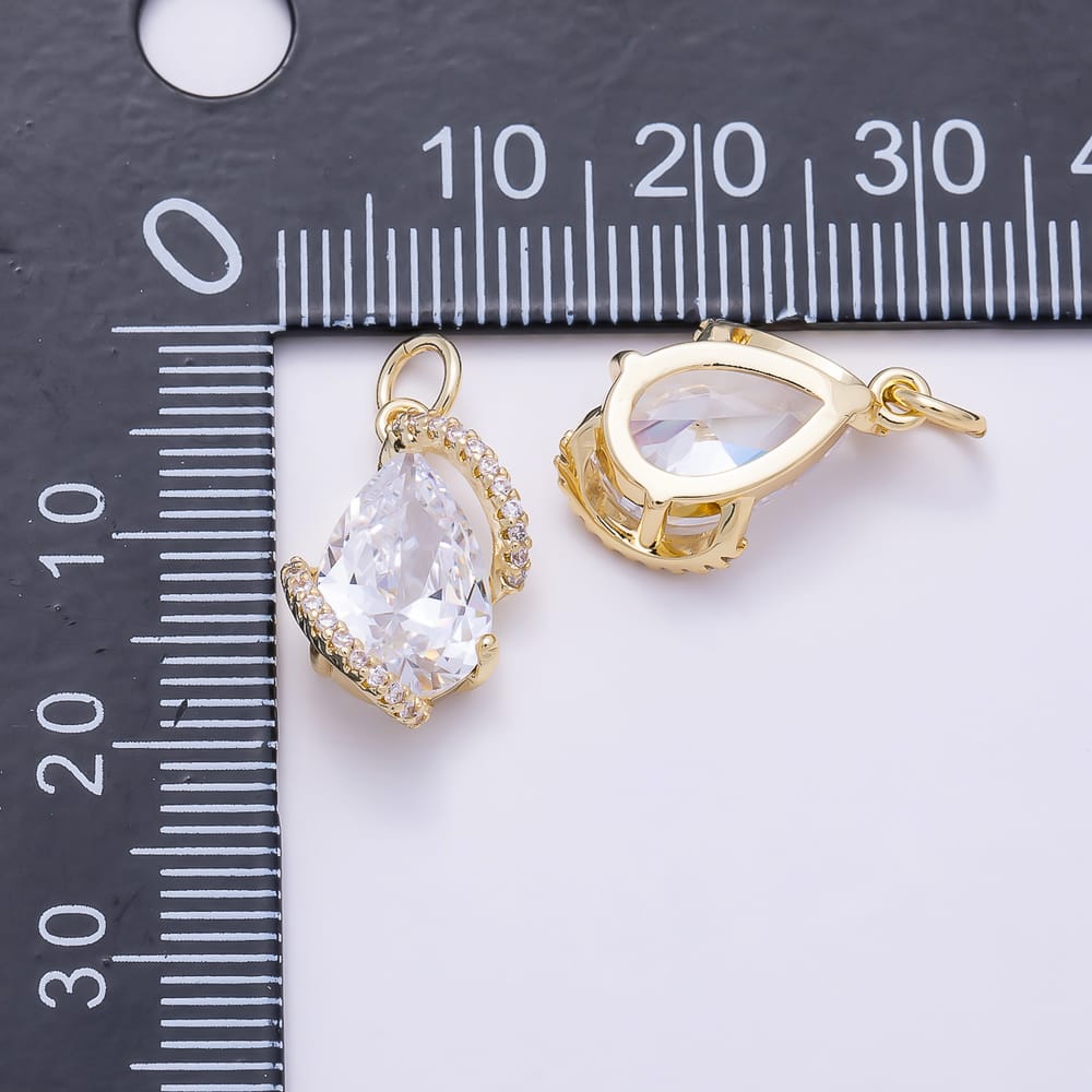 16K Gold Filled 17mm Clear Teardrop Micro Paved CZ Swirl Solitaire Charm in Gold & Silver | Charms-02249 Charms-02250