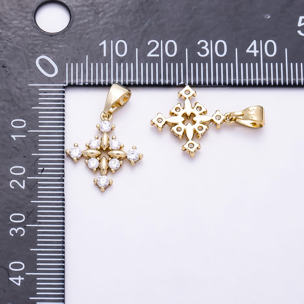 14K Gold Filled 17mm Clear CZ Round Teardrop Geometric Rhombus Religious Cross Pendant | Charms-02188