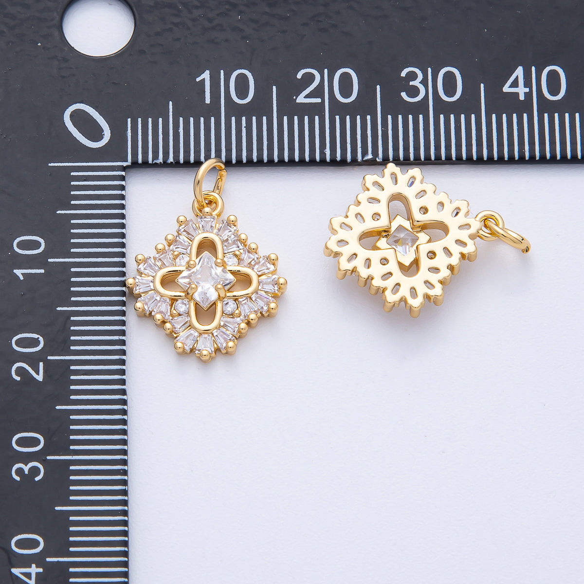 18K Gold Filled 17mm Clear Baguette CZ Clover Flower Open Charm | AK181