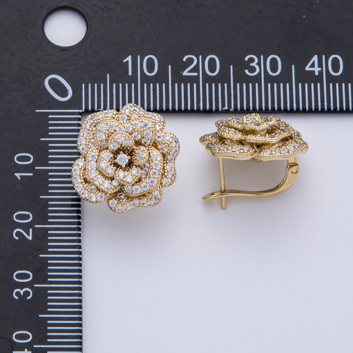 14K Gold Filled 17mm Micro Paved CZ Rose Flower English Lock Hoop Earrings | Earrings-00134