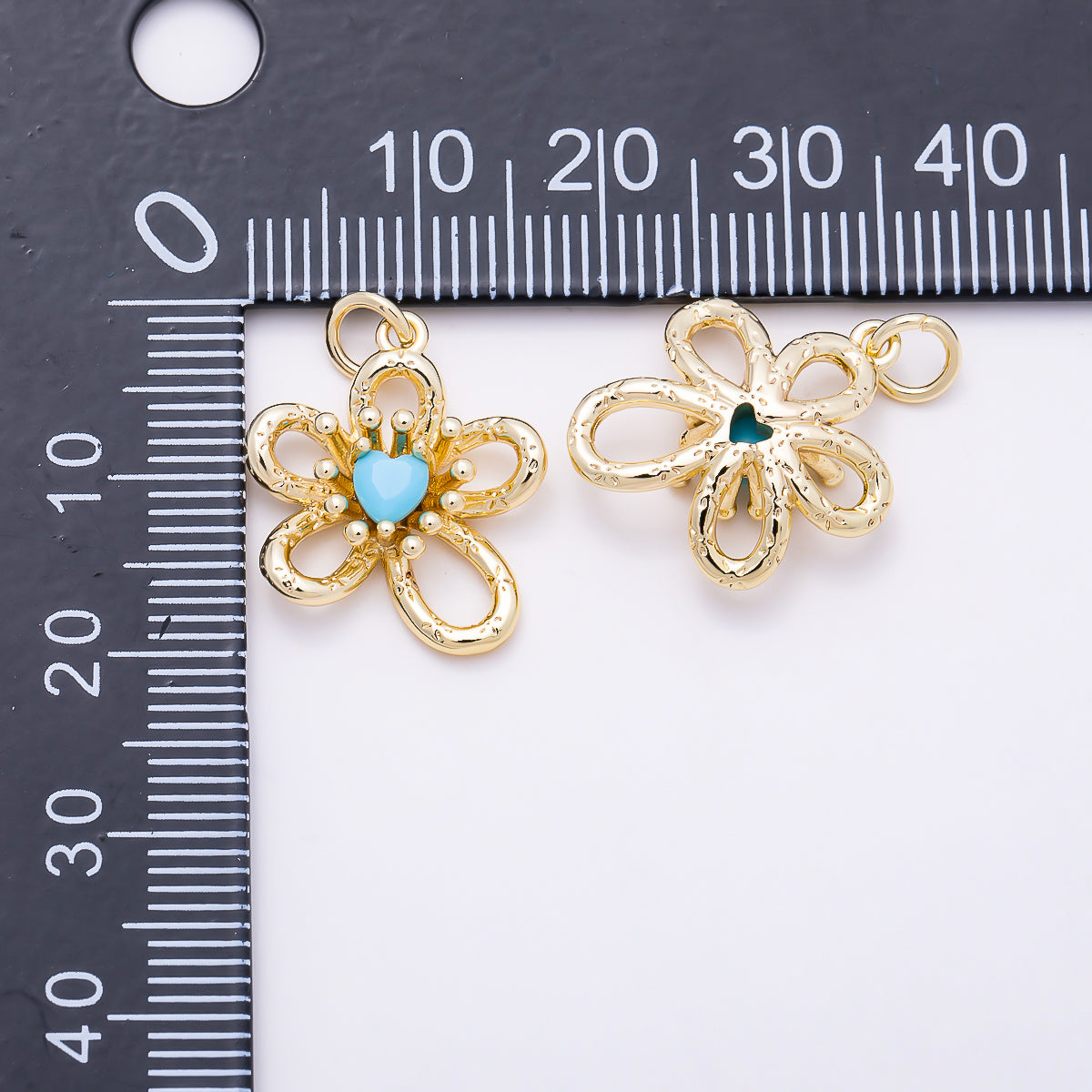 16K Gold Filled 17mm Turquoise Heart CZ Textured Openwork Flower Charm | Charms-01863 - Charms-01864