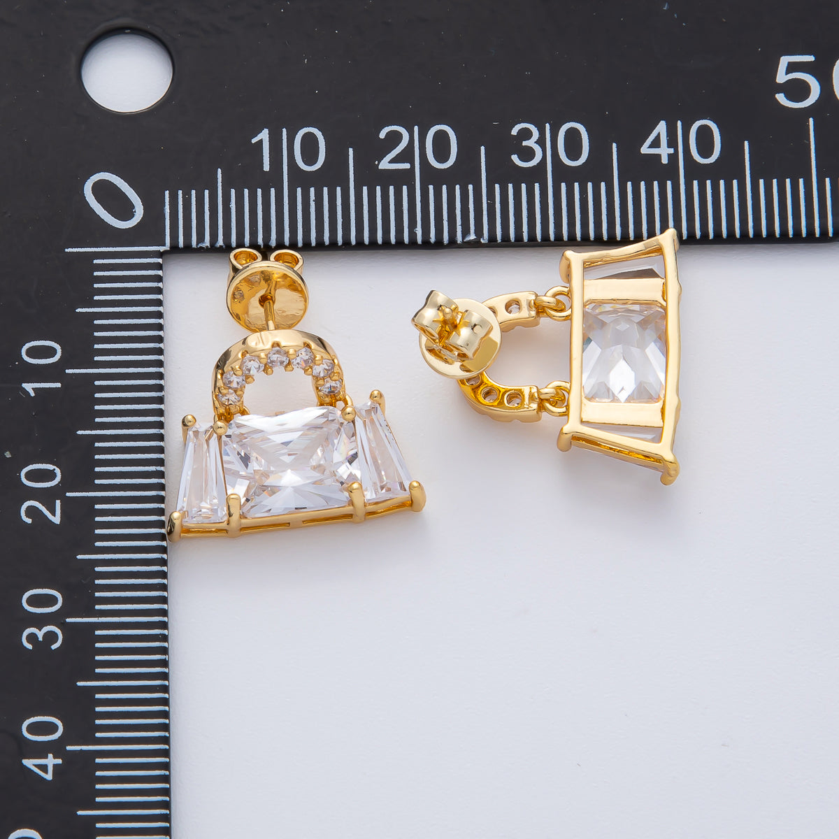 18K Gold Filled 17.5mm Clear Baguette Micro Paved CZ Purse Bag Stud Earrings | AD1623