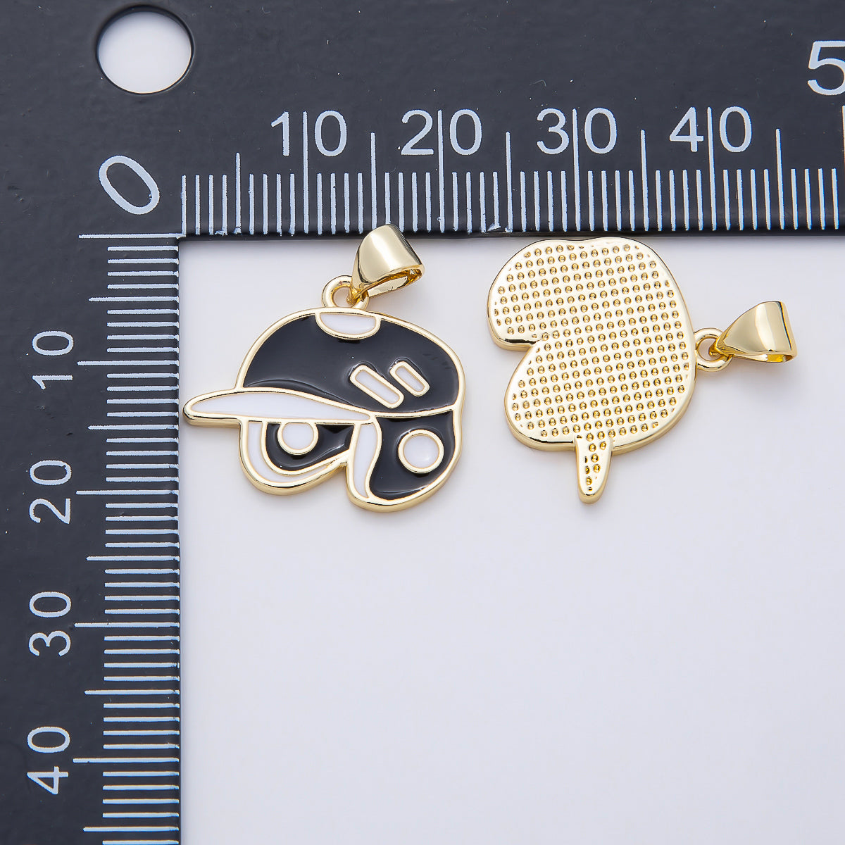 16K Gold Filled 20mm White Black Enamel Sport Hat Helmet Pendant | Charms-01107