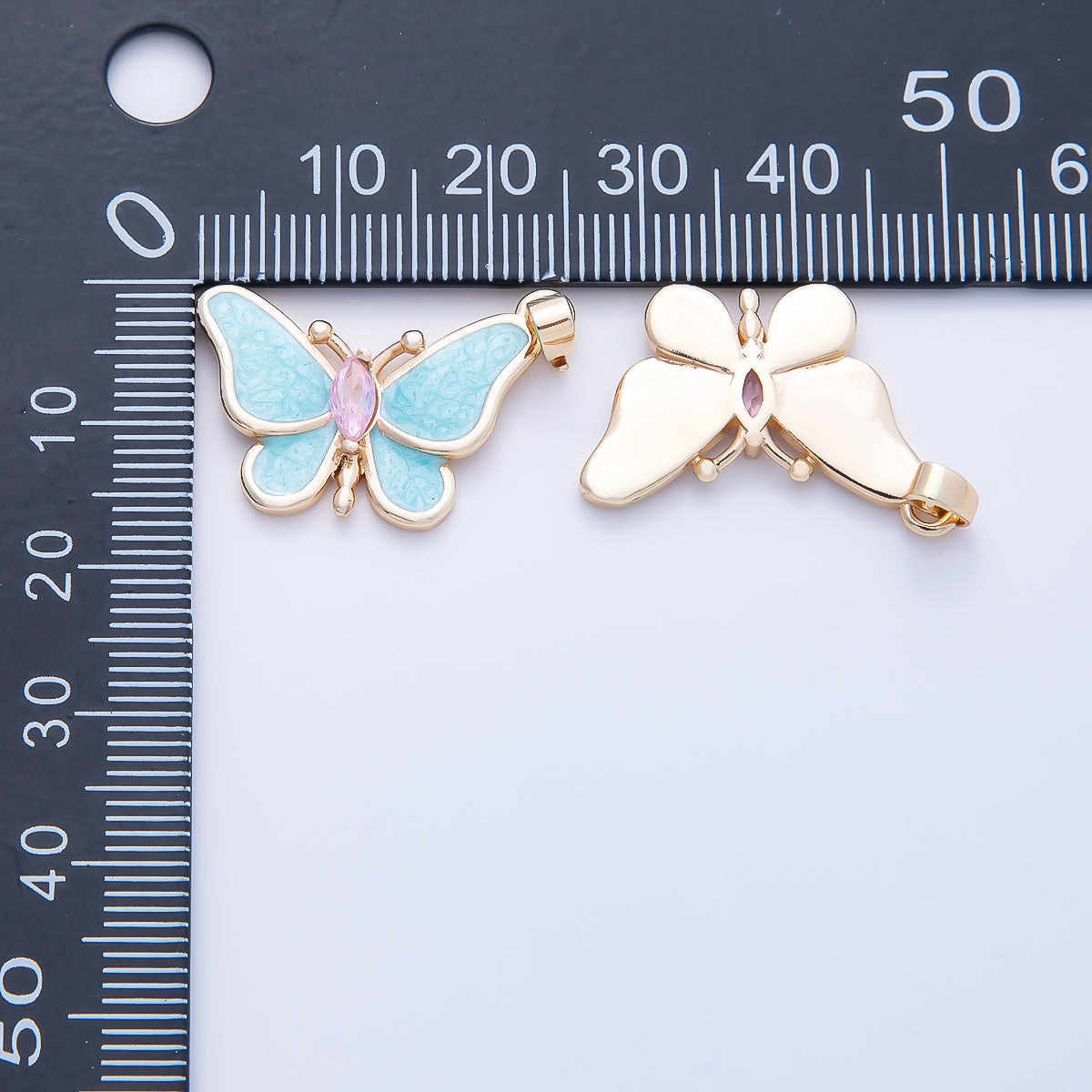 16K Gold Filled 17.5mm White, Blue Glitter Enamel Marquise CZ Butterfly Pendant | Charms-01259 Charms-01260