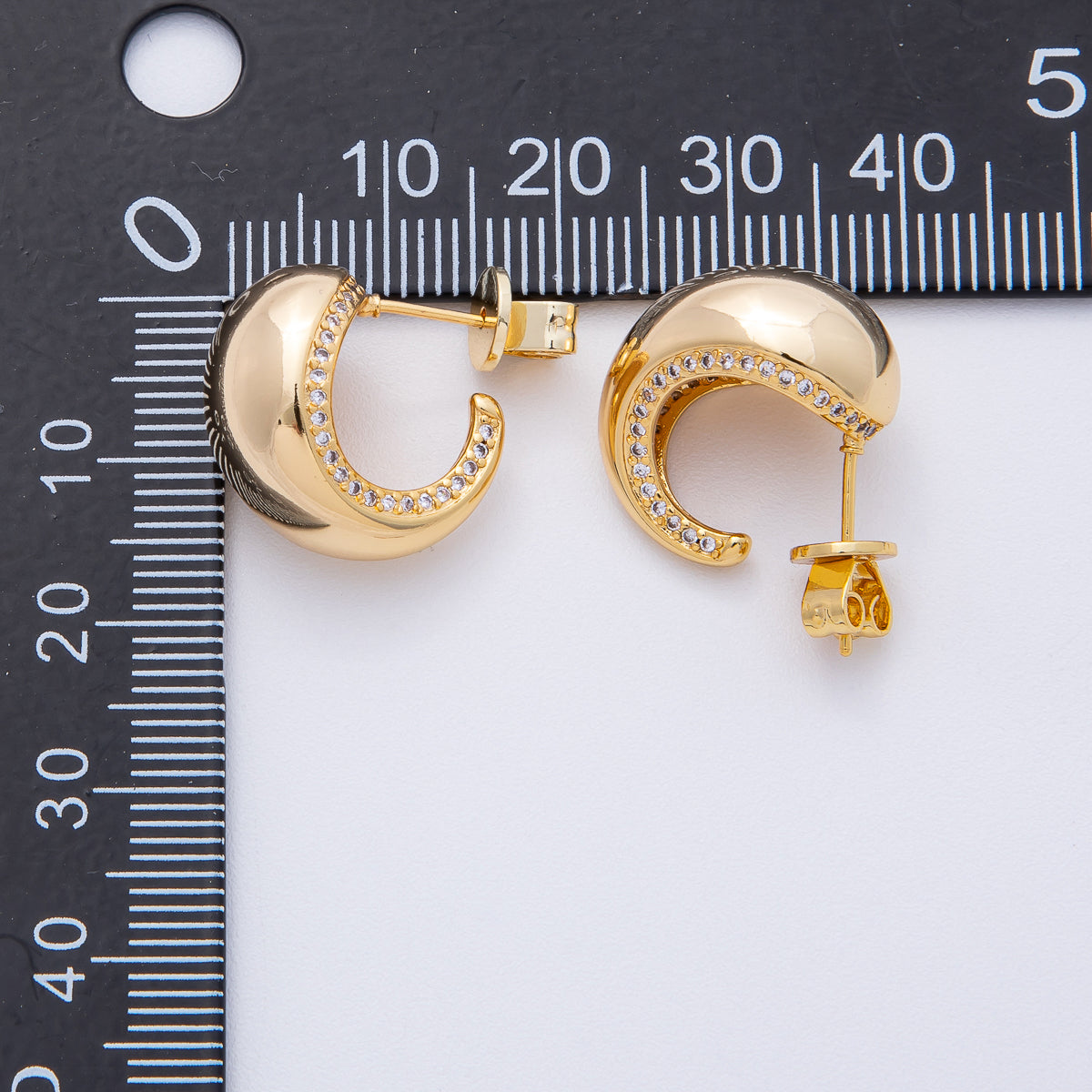 18K Gold Filled 17.5mm Teardrop Micro Paved CZ Dome J-Shaped Hoop Earrings | T009