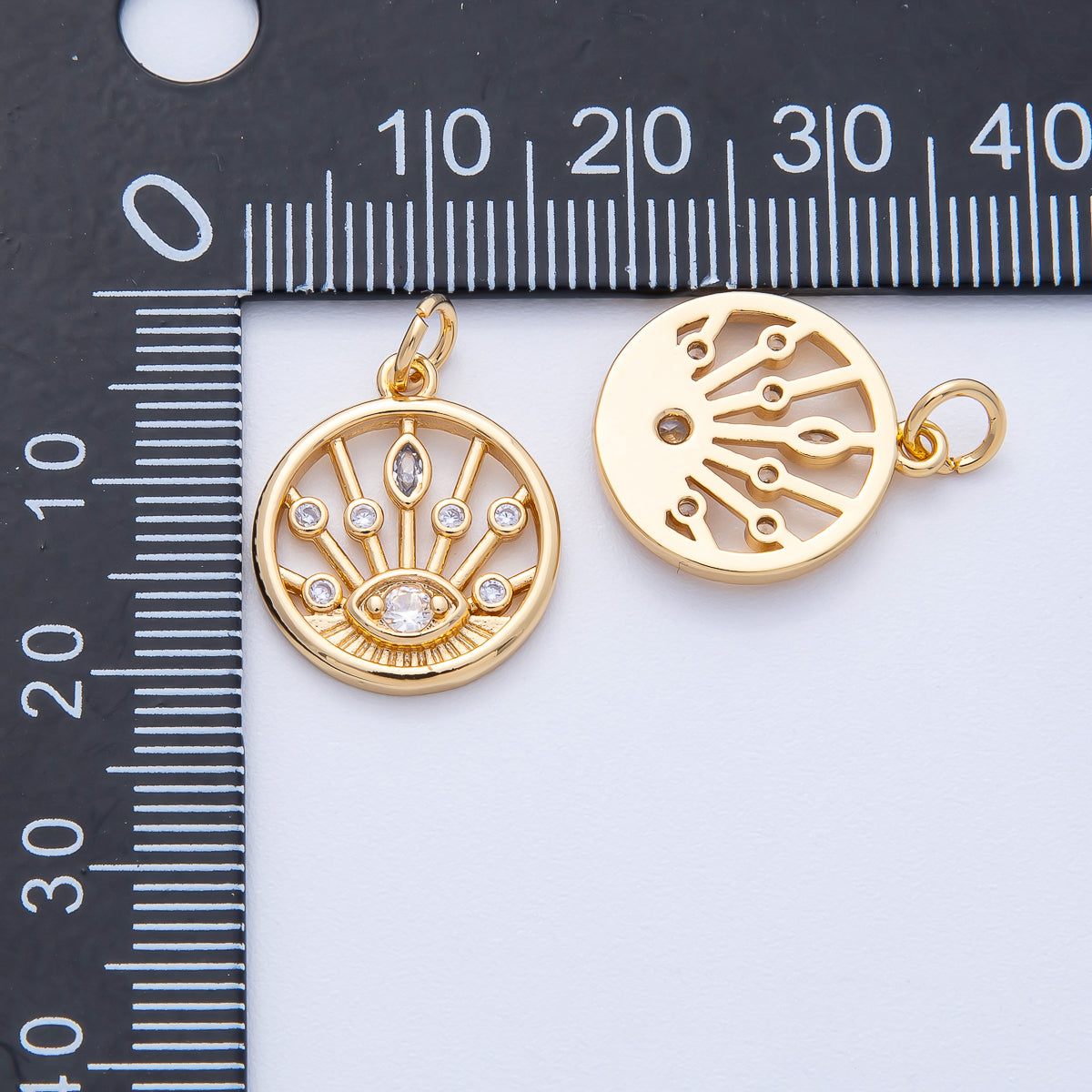 18K Gold Filled 18mm Sunburst Evil Eye CZ Round Charm | AK174