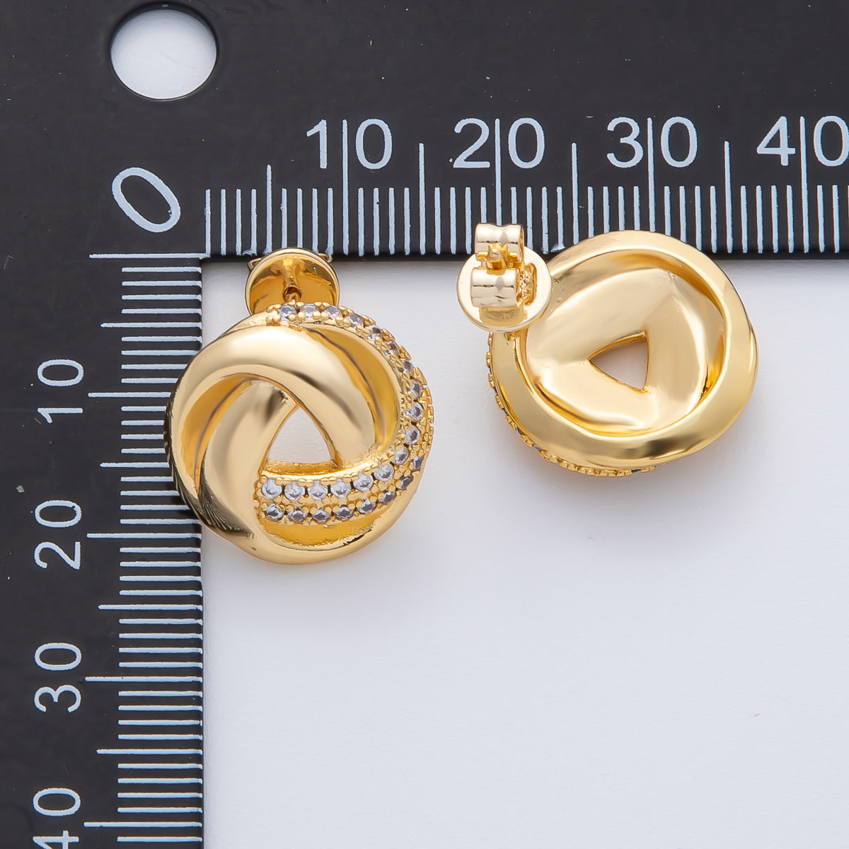 18K Gold Filled 17.5mm Triple Knot Micro Paved CZ Stud Earrings | AD1633