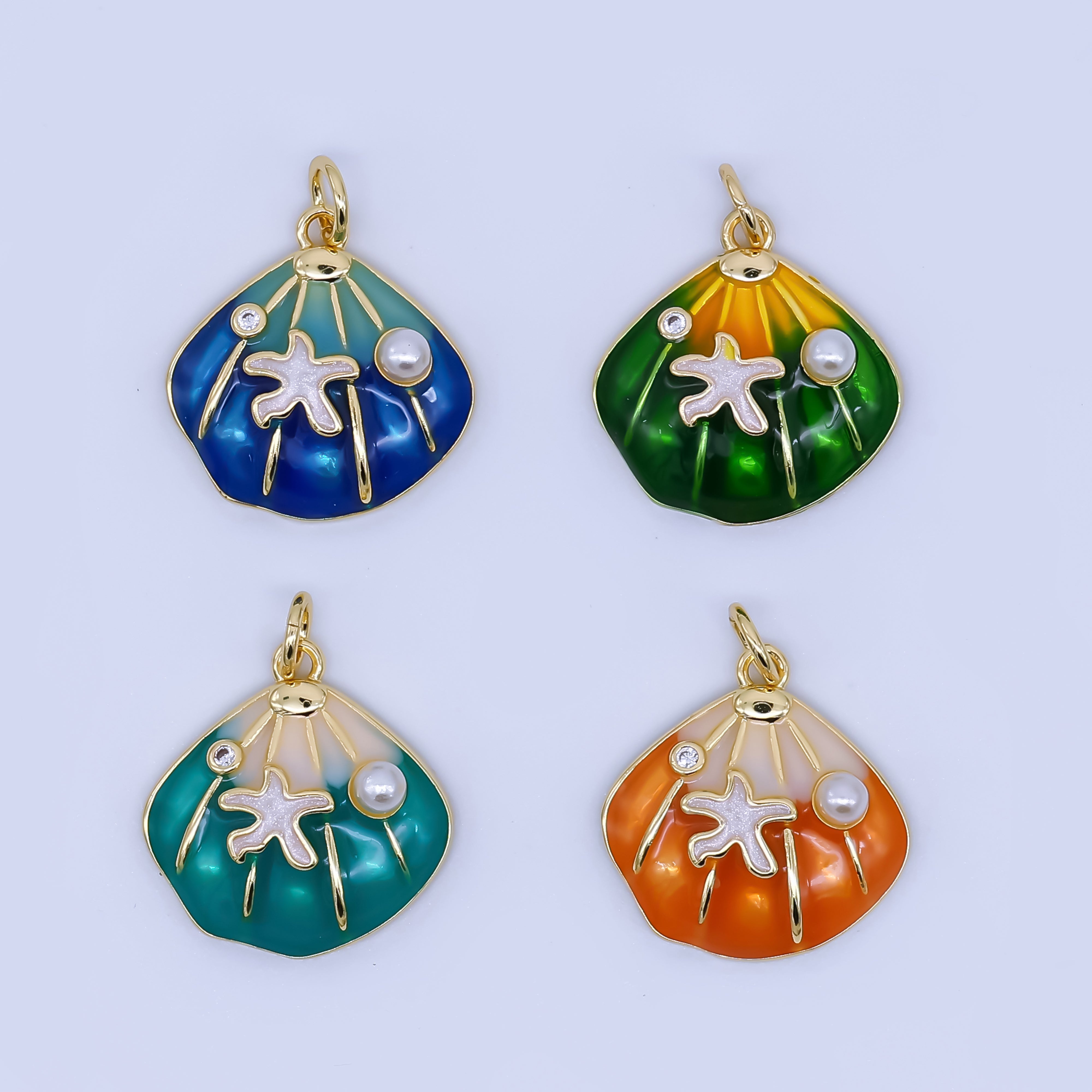 24K Gold Filled Green, Orange, Teal, Blue Starfish Scallop Clam Sea Shell Charm | AJ431 AJ432