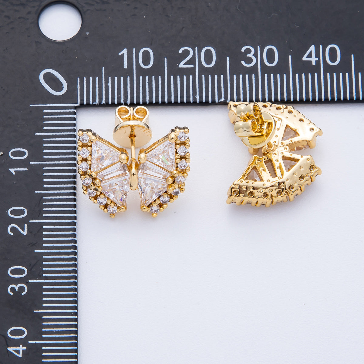 18K Gold Filled 17.5mm Clear CZ Baguette Butterfly Stud Earrings | Earrings-00107