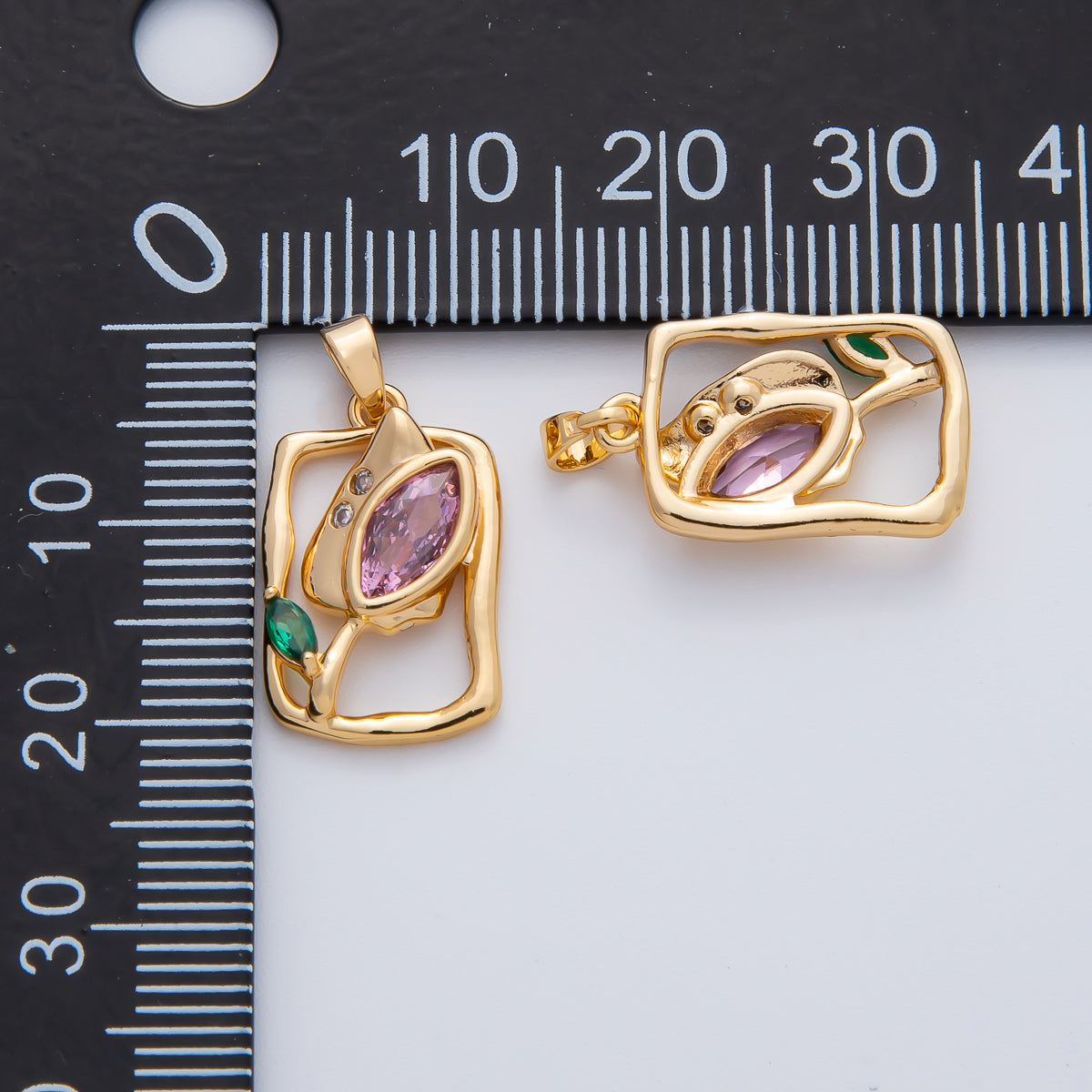 18K Gold Filled Purple CZ Tulip Flower Molten Rectangular Pendant | AF1186