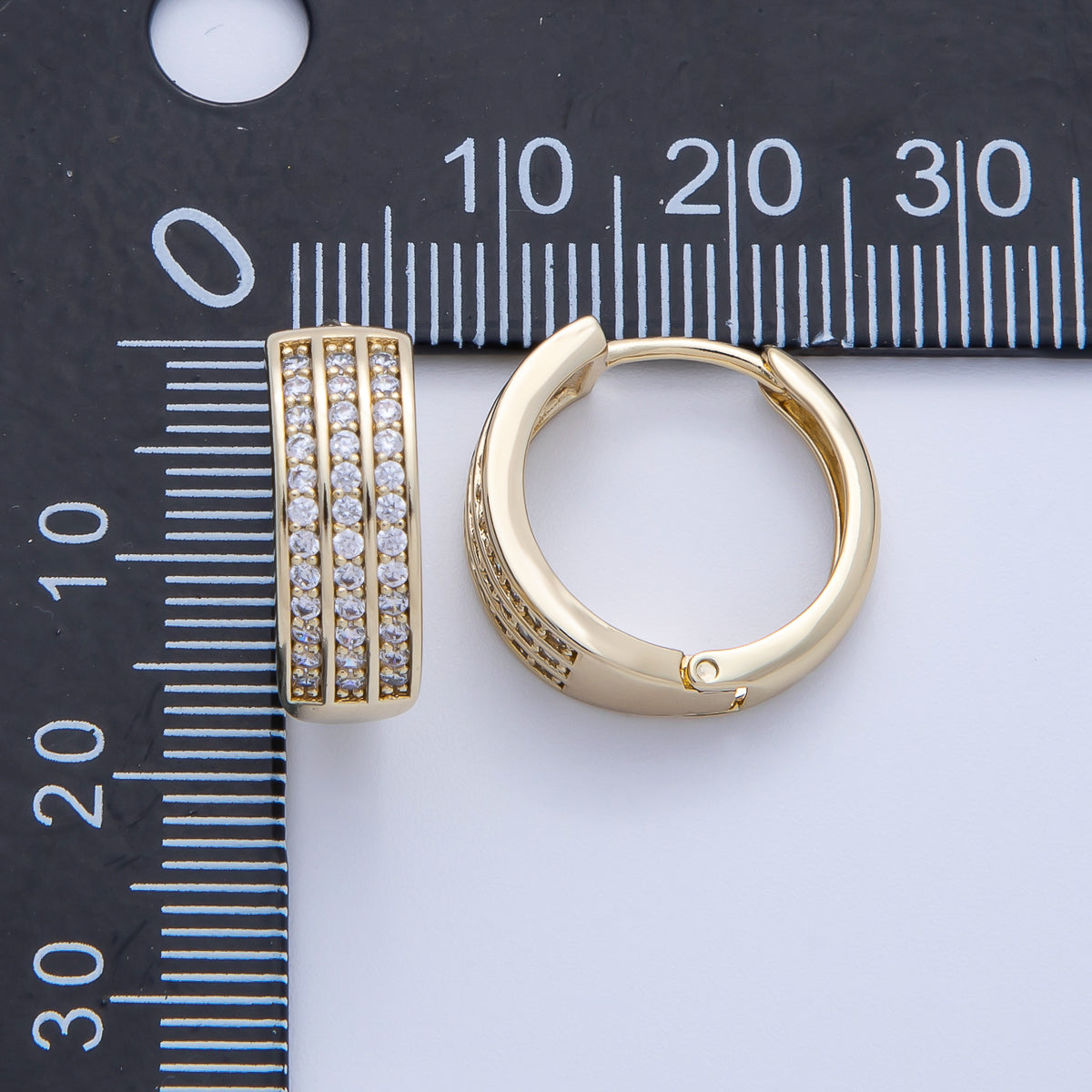 14K Gold Filled 18mm Triple Micro Paved CZ Huggie Earrings | Earrings-00091